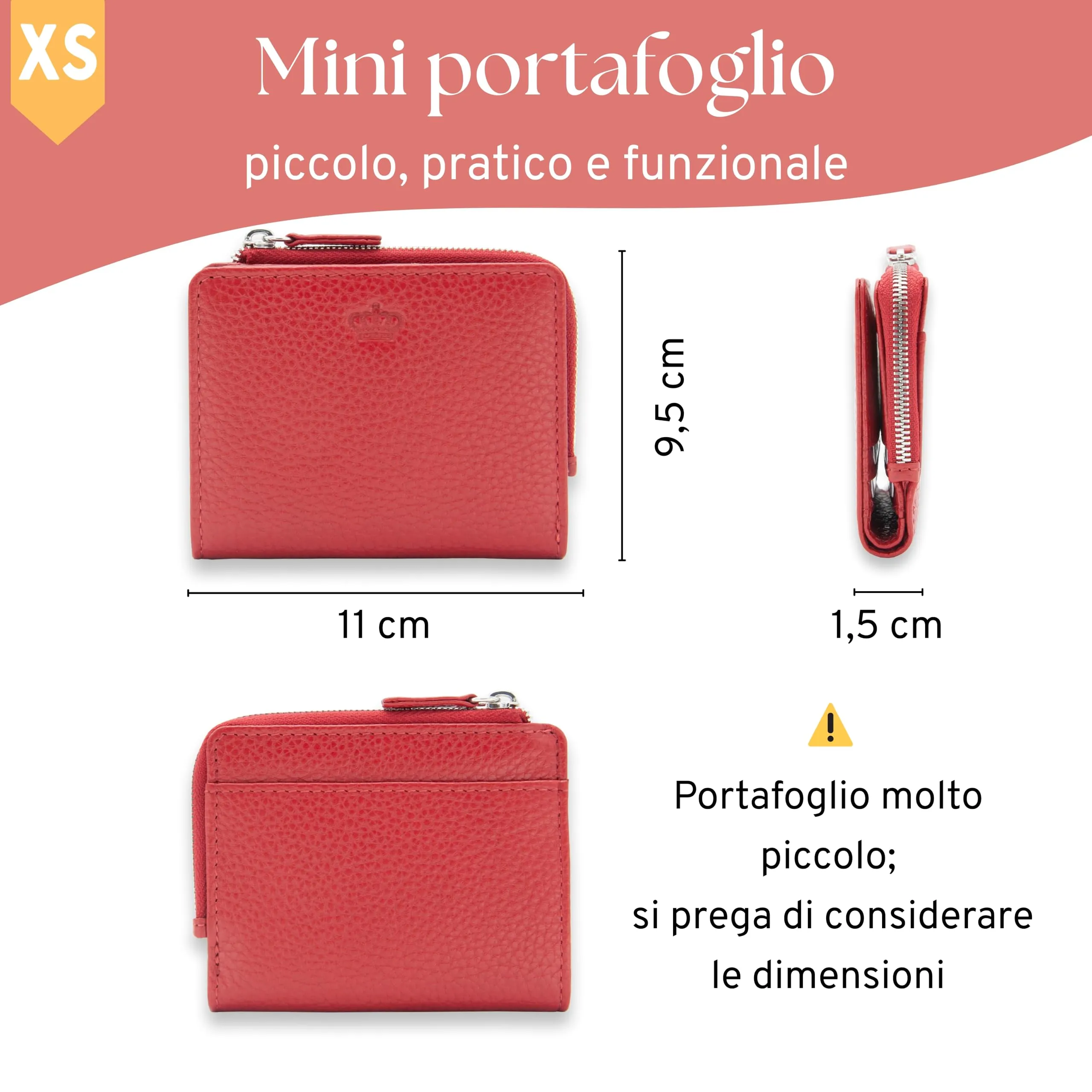 Baur portafoglio da donna piccolo – vera pelle con protezione RFID – portafoglio con 7 scomparti carte – chiusura bottone a pressione e tasca portamonete con cerniera (Cerniera argento, Rosso) - immagine 5
