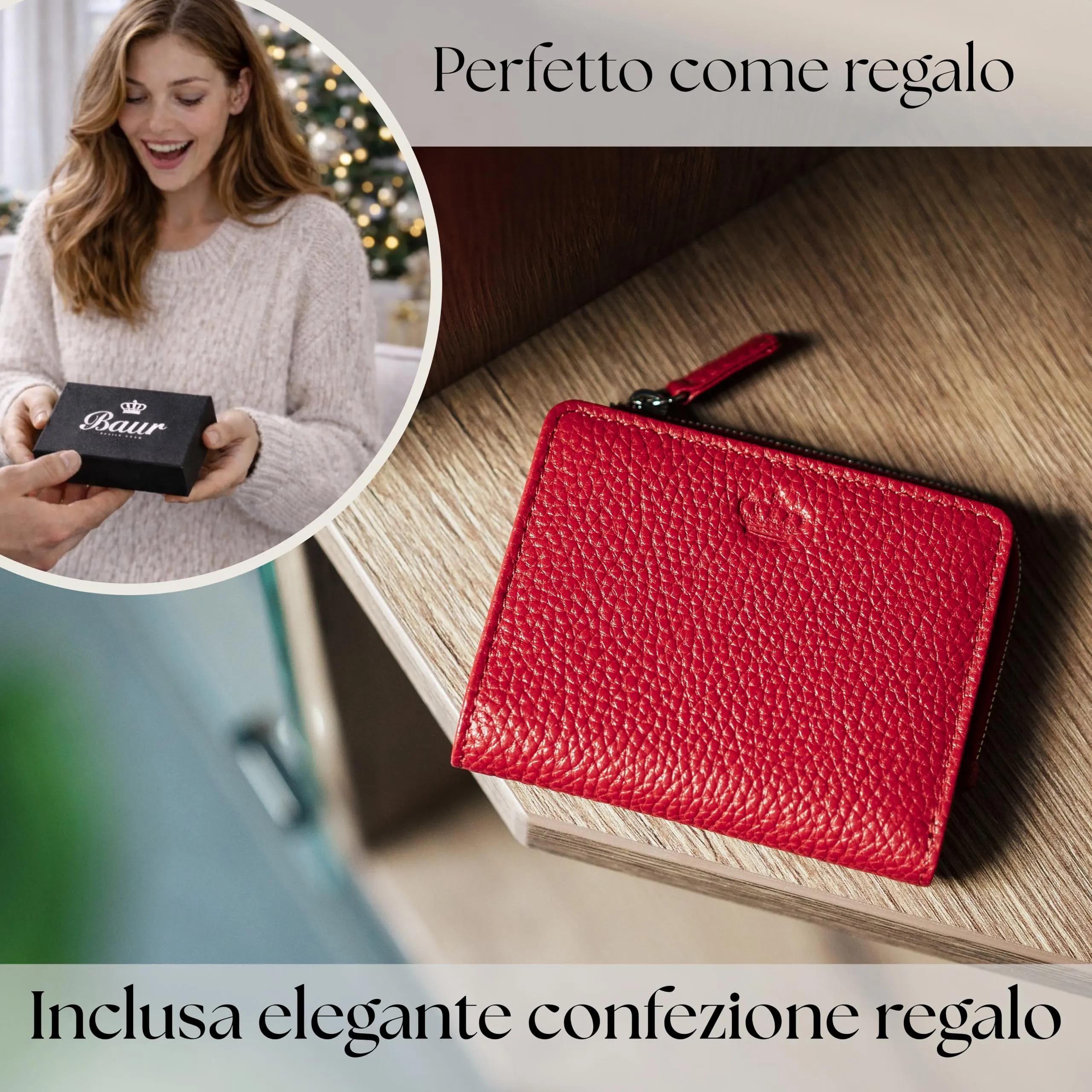 Baur portafoglio da donna piccolo – vera pelle con protezione RFID – portafoglio con 7 scomparti carte – chiusura bottone a pressione e tasca portamonete con cerniera (Cerniera argento, Rosso) - immagine 6