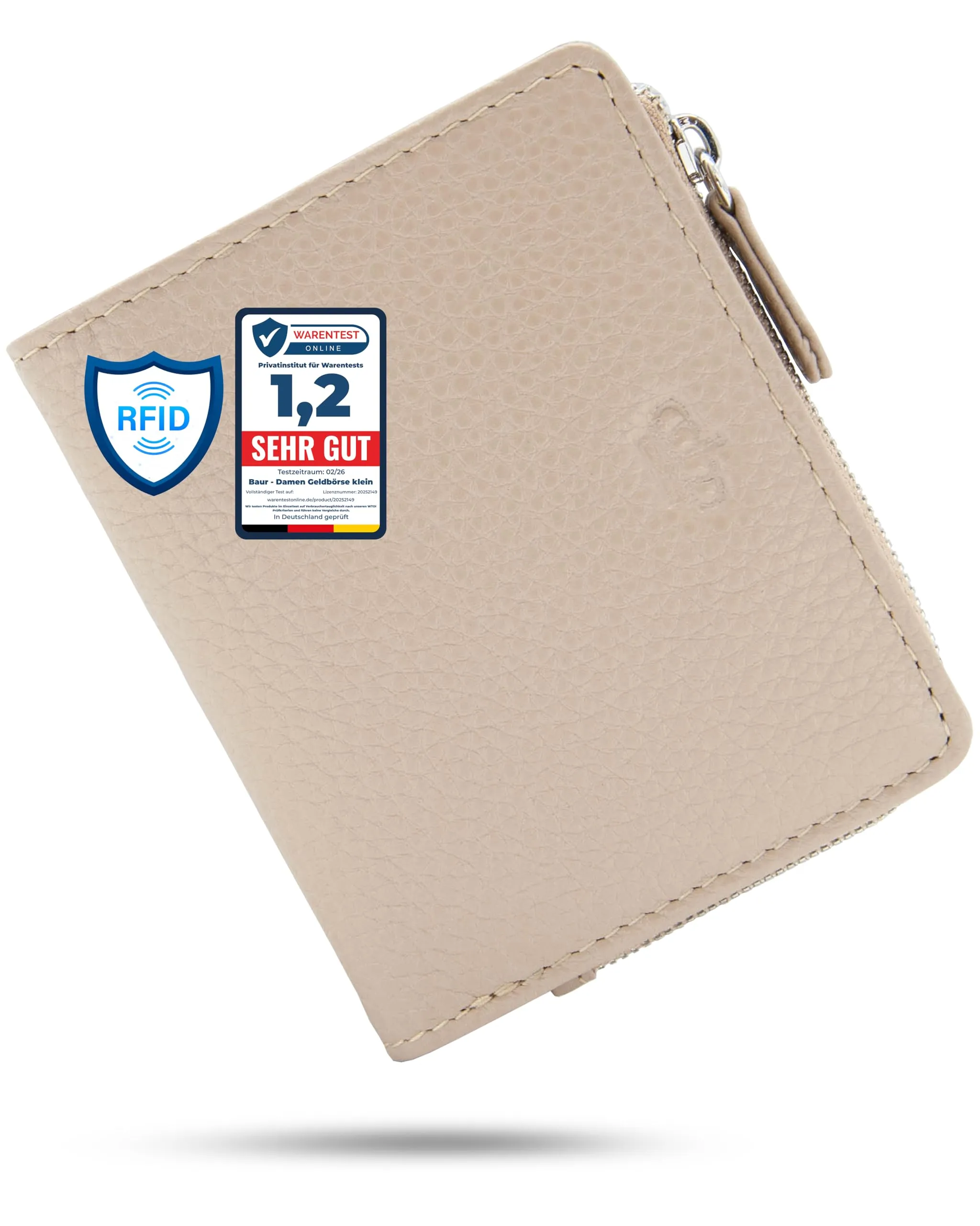 Baur portafoglio da donna piccolo – vera pelle con protezione RFID – portafoglio con 7 scomparti carte – chiusura bottone a pressione e tasca portamonete con cerniera (Cerniera argento, Talpa) - immagine 1