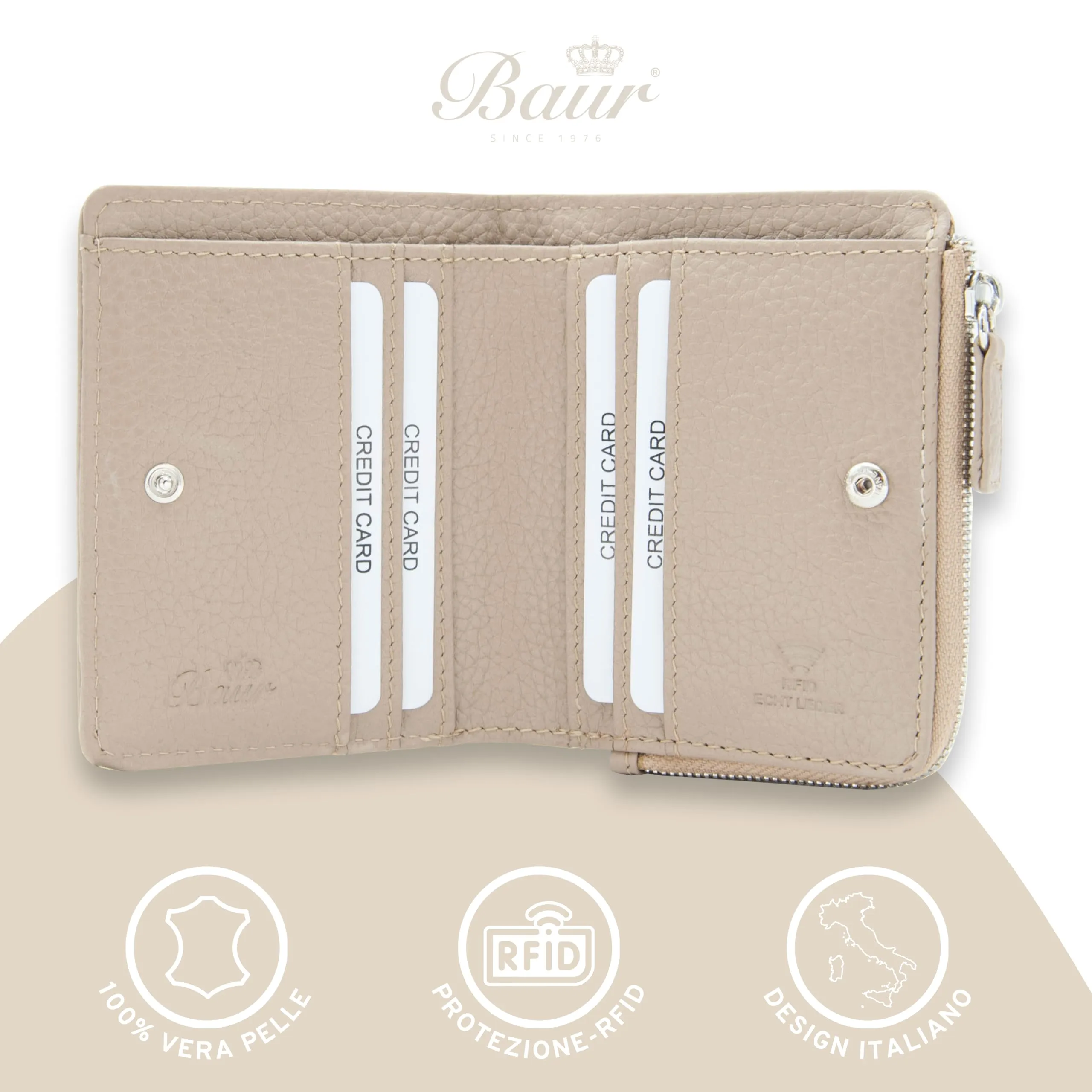 Baur portafoglio da donna piccolo – vera pelle con protezione RFID – portafoglio con 7 scomparti carte – chiusura bottone a pressione e tasca portamonete con cerniera (Cerniera argento, Talpa) - immagine 2