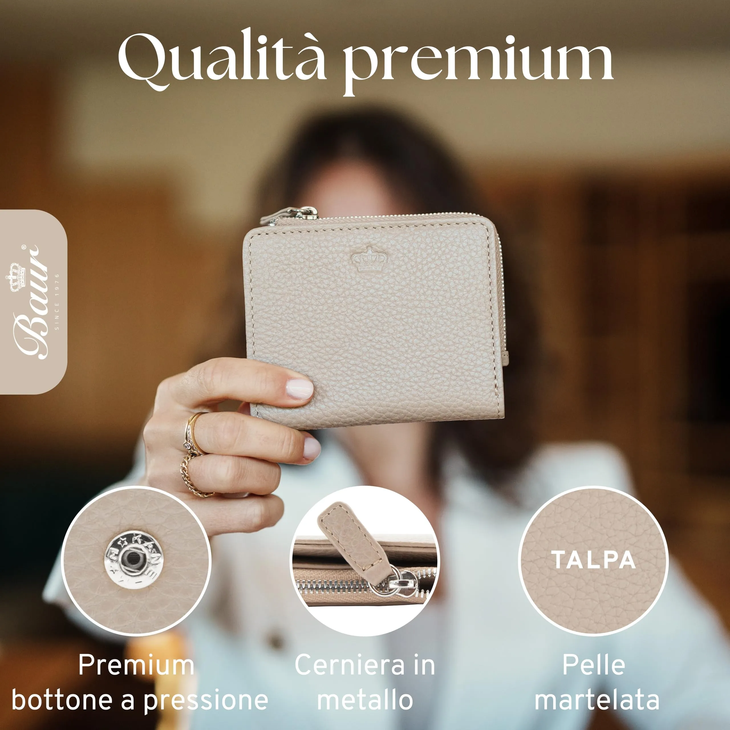 Baur portafoglio da donna piccolo – vera pelle con protezione RFID – portafoglio con 7 scomparti carte – chiusura bottone a pressione e tasca portamonete con cerniera (Cerniera argento, Talpa) - immagine 4