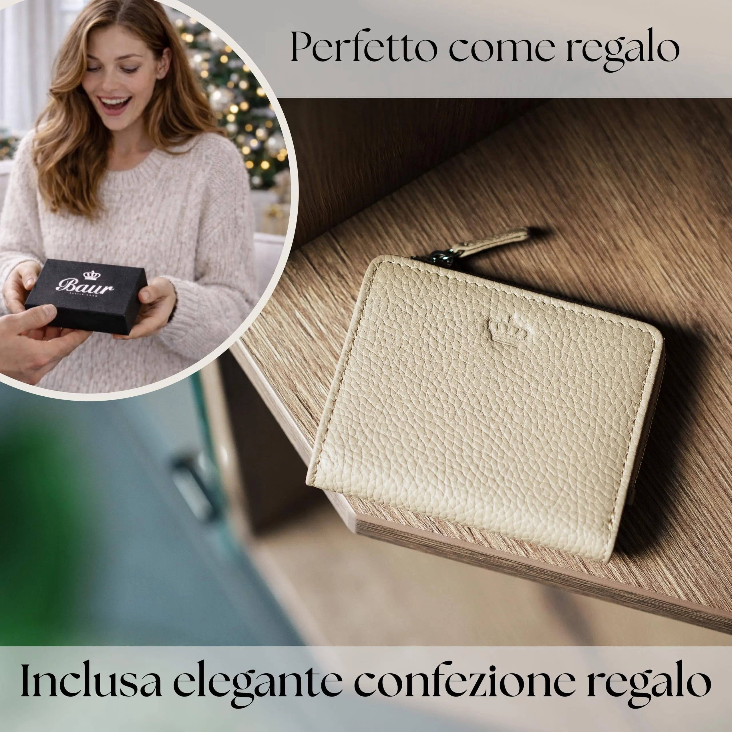 Baur portafoglio da donna piccolo – vera pelle con protezione RFID – portafoglio con 7 scomparti carte – chiusura bottone a pressione e tasca portamonete con cerniera (Cerniera argento, Talpa) - immagine 6