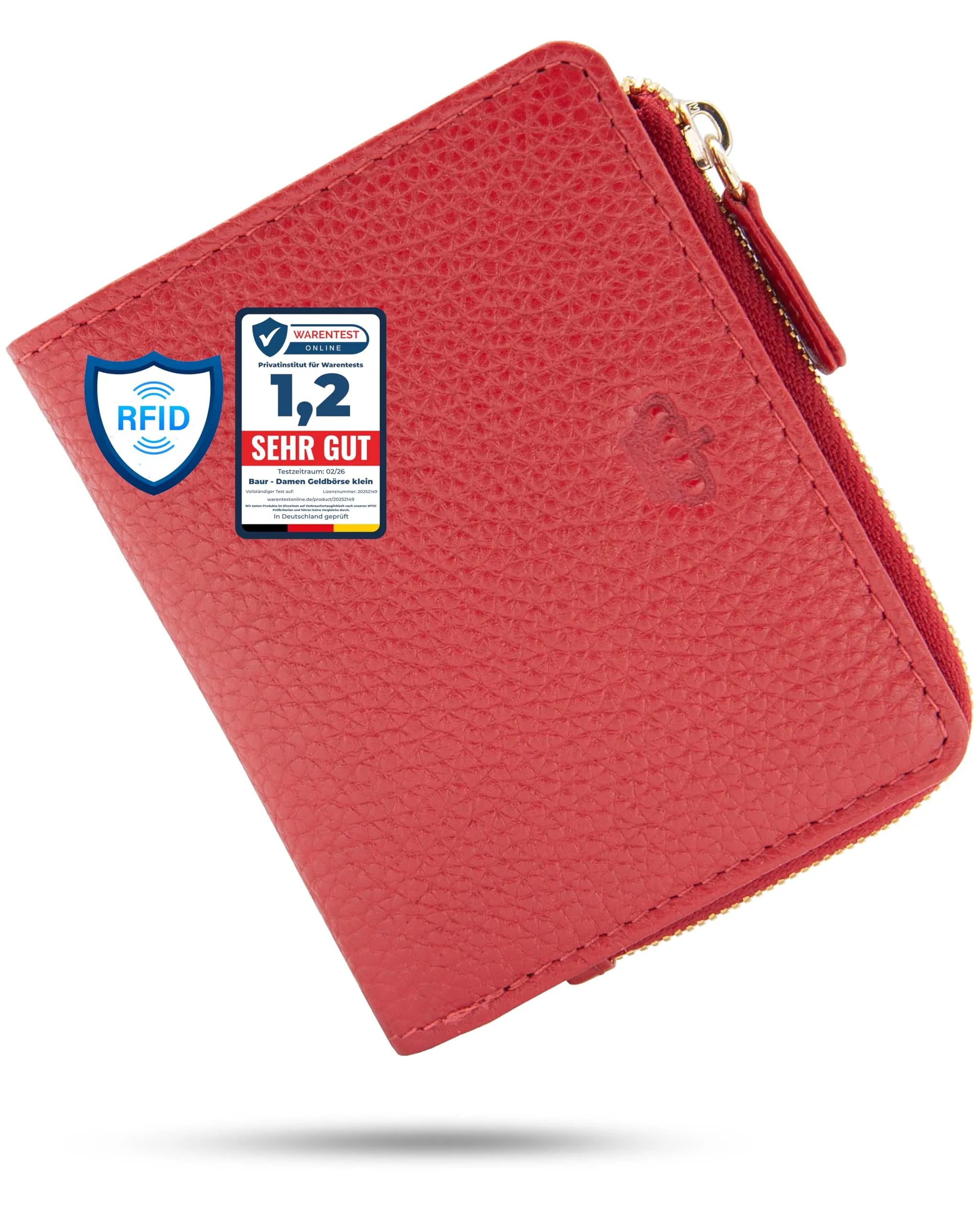 Baur portafoglio da donna piccolo – vera pelle con protezione RFID – portafoglio con 7 scomparti carte – chiusura bottone a pressione e tasca portamonete con cerniera (Cerniera oro, Rosso) - immagine 1