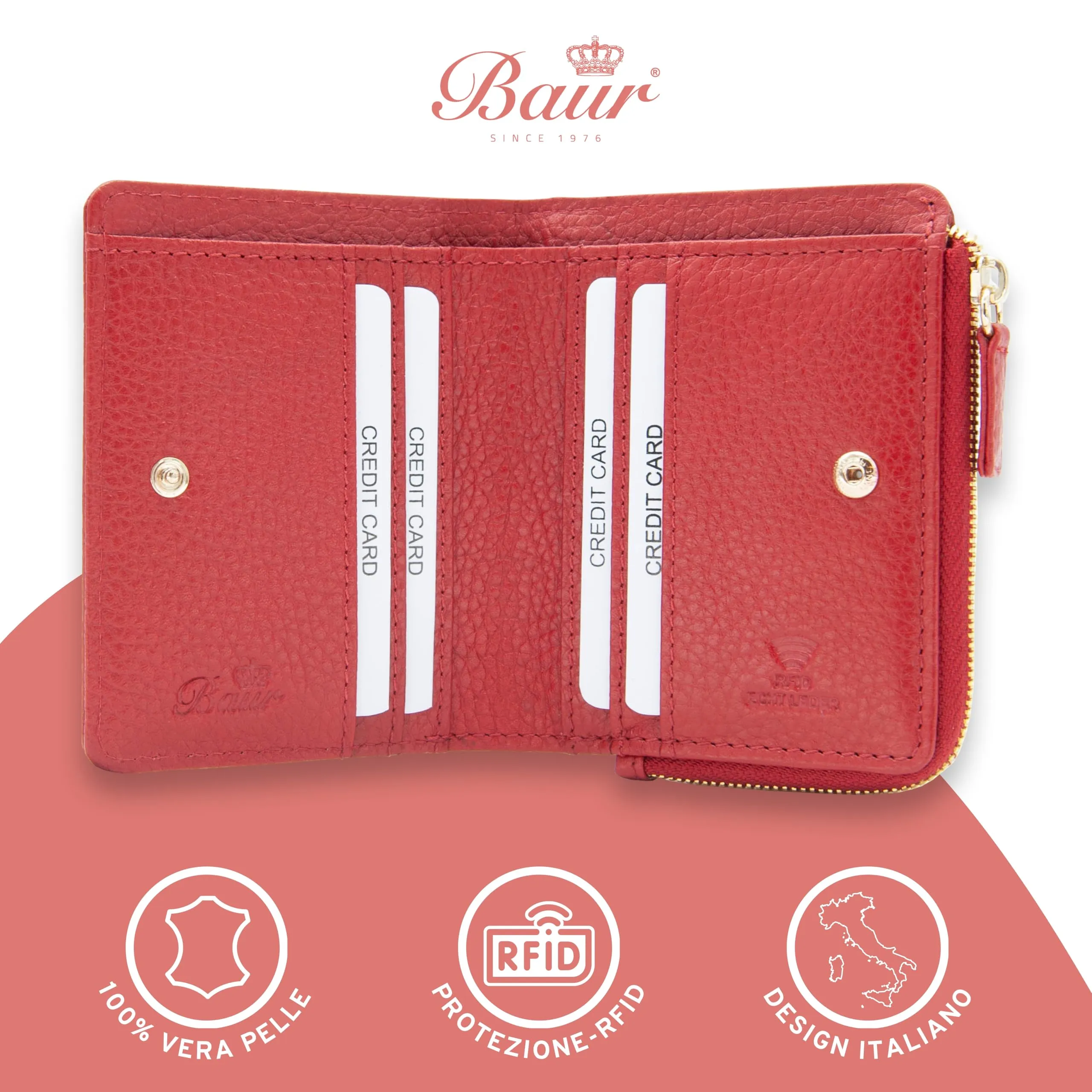 Baur portafoglio da donna piccolo – vera pelle con protezione RFID – portafoglio con 7 scomparti carte – chiusura bottone a pressione e tasca portamonete con cerniera (Cerniera oro, Rosso) - immagine 2
