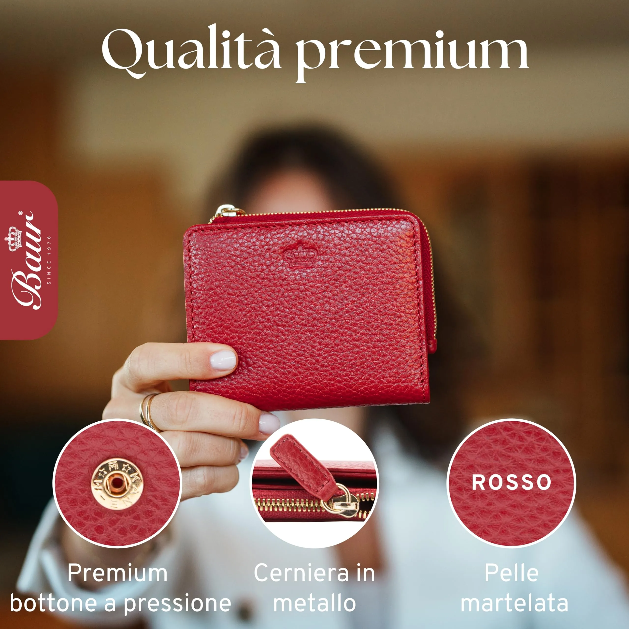 Baur portafoglio da donna piccolo – vera pelle con protezione RFID – portafoglio con 7 scomparti carte – chiusura bottone a pressione e tasca portamonete con cerniera (Cerniera oro, Rosso) - immagine 4