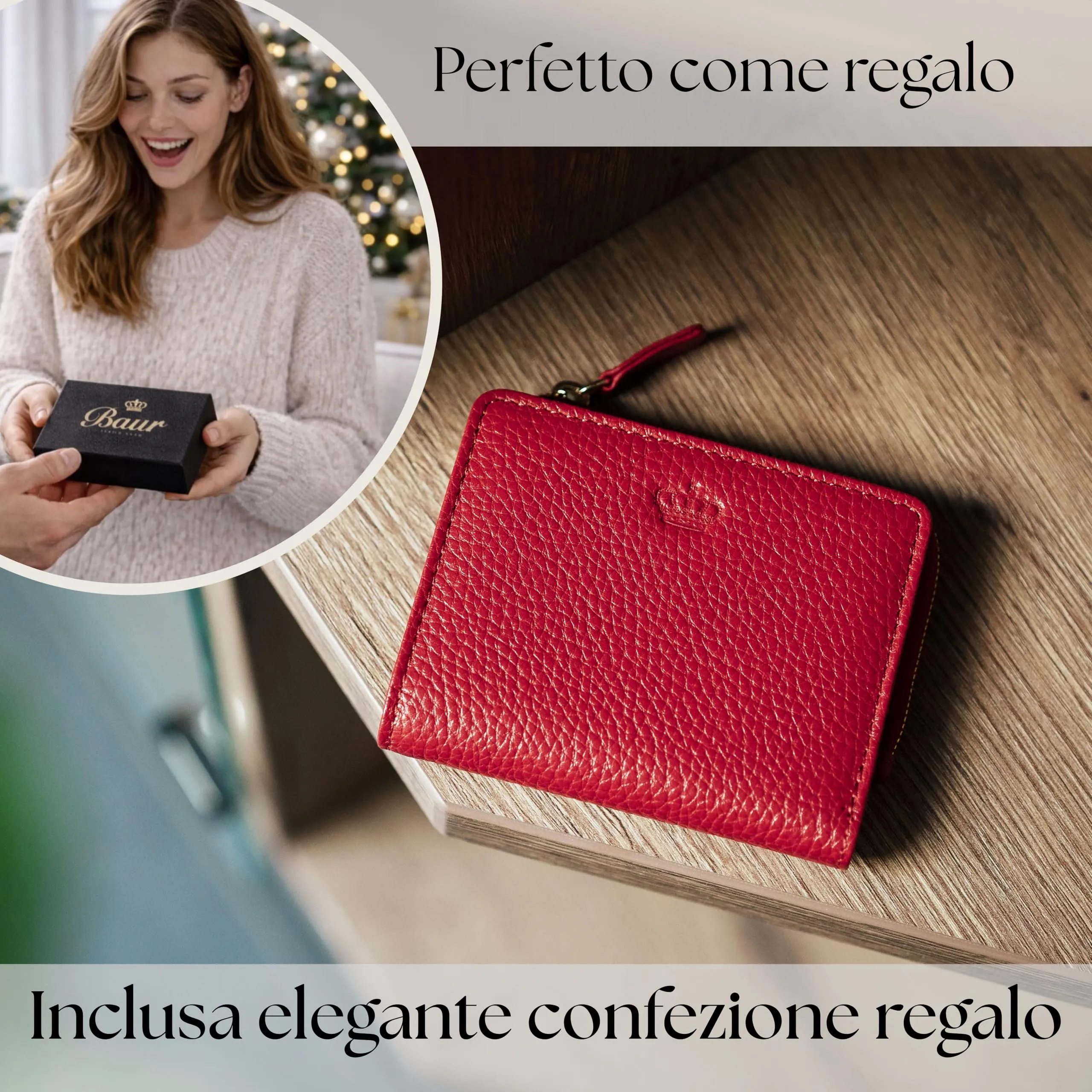 Baur portafoglio da donna piccolo – vera pelle con protezione RFID – portafoglio con 7 scomparti carte – chiusura bottone a pressione e tasca portamonete con cerniera (Cerniera oro, Rosso) - immagine 6