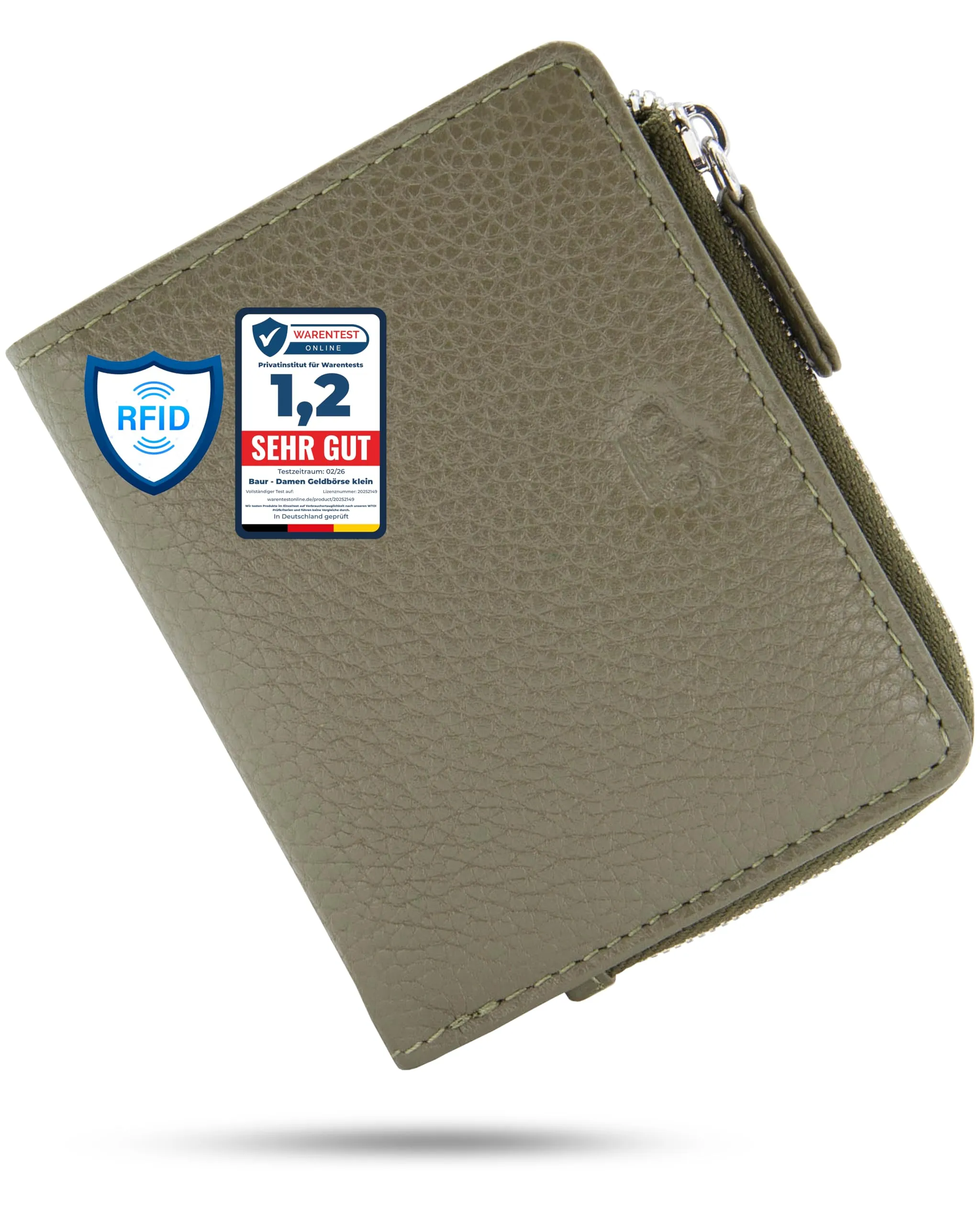 Baur portafoglio da donna piccolo – vera pelle con protezione RFID – portafoglio con 7 scomparti carte – chiusura bottone a pressione e tasca portamonete con cerniera (Cerniera argento, Verde oliva) - immagine 1