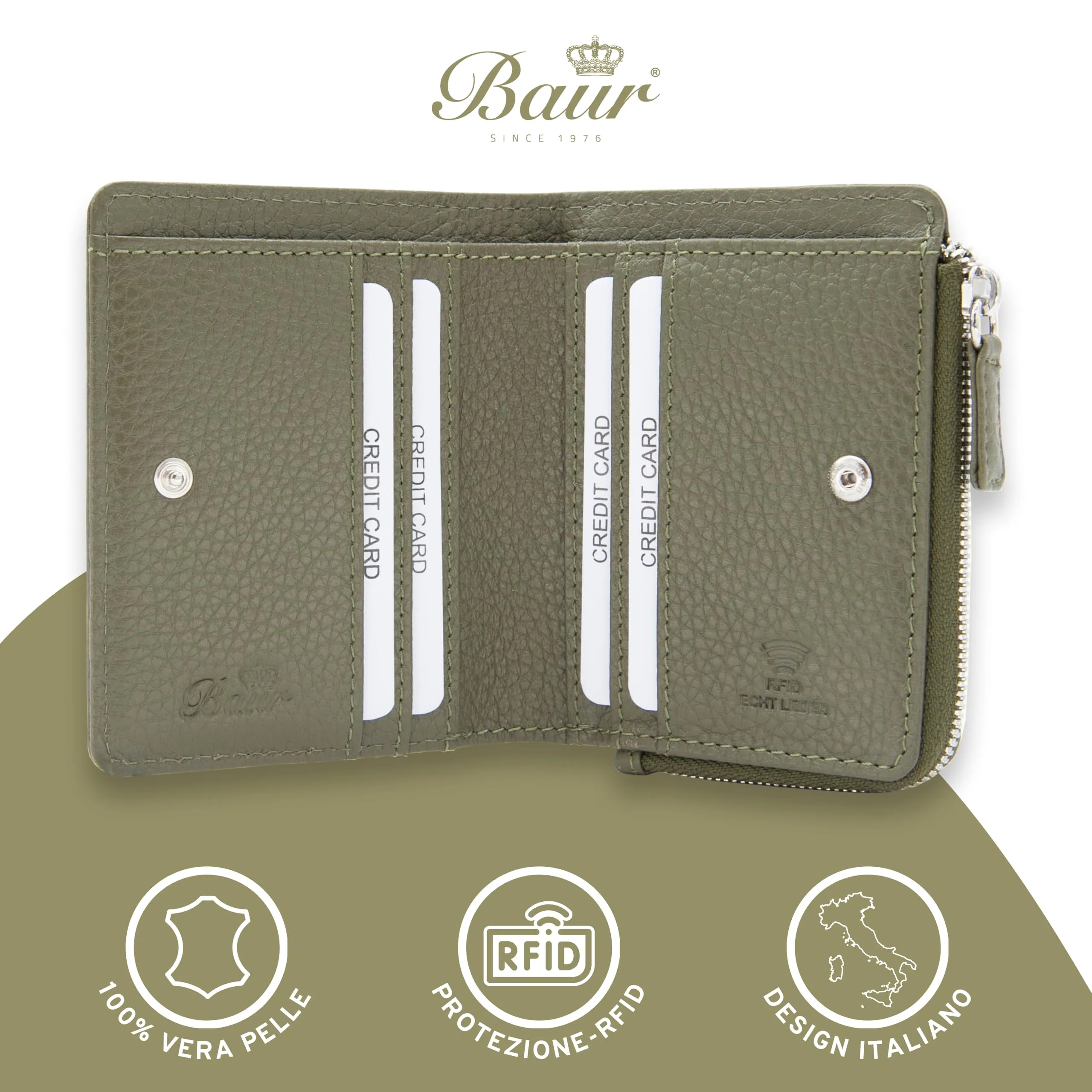 Baur portafoglio da donna piccolo – vera pelle con protezione RFID – portafoglio con 7 scomparti carte – chiusura bottone a pressione e tasca portamonete con cerniera (Cerniera argento, Verde oliva) - immagine 2