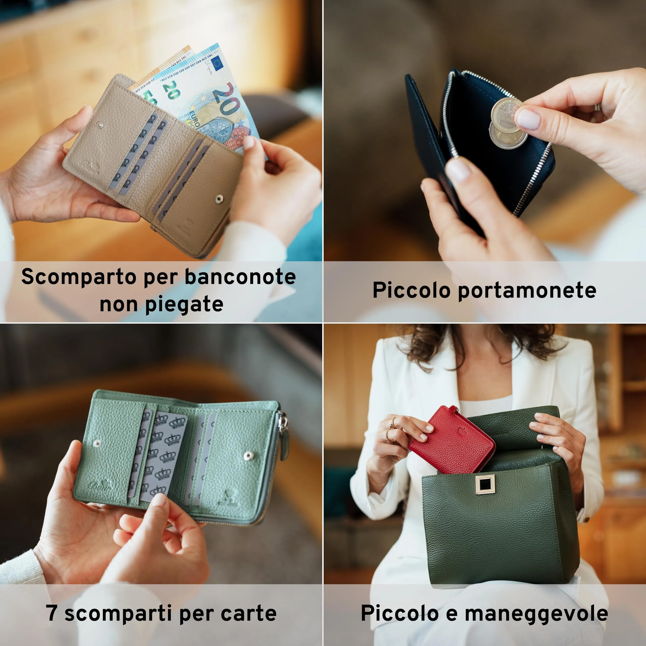 Baur portafoglio da donna piccolo – vera pelle con protezione RFID – portafoglio con 7 scomparti carte – chiusura bottone a pressione e tasca portamonete con cerniera (Cerniera argento, Verde oliva) - immagine 3