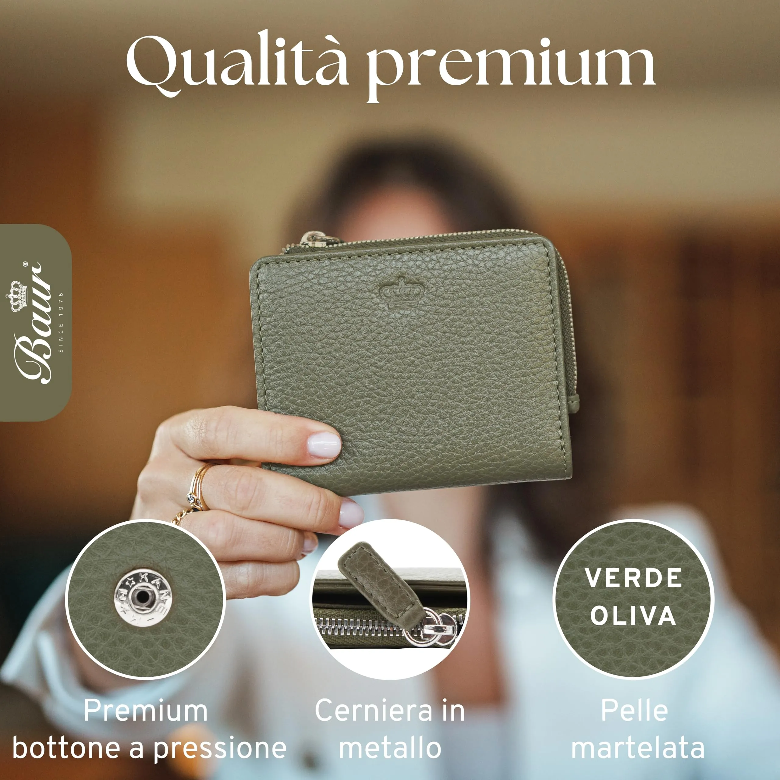 Baur portafoglio da donna piccolo – vera pelle con protezione RFID – portafoglio con 7 scomparti carte – chiusura bottone a pressione e tasca portamonete con cerniera (Cerniera argento, Verde oliva) - immagine 4
