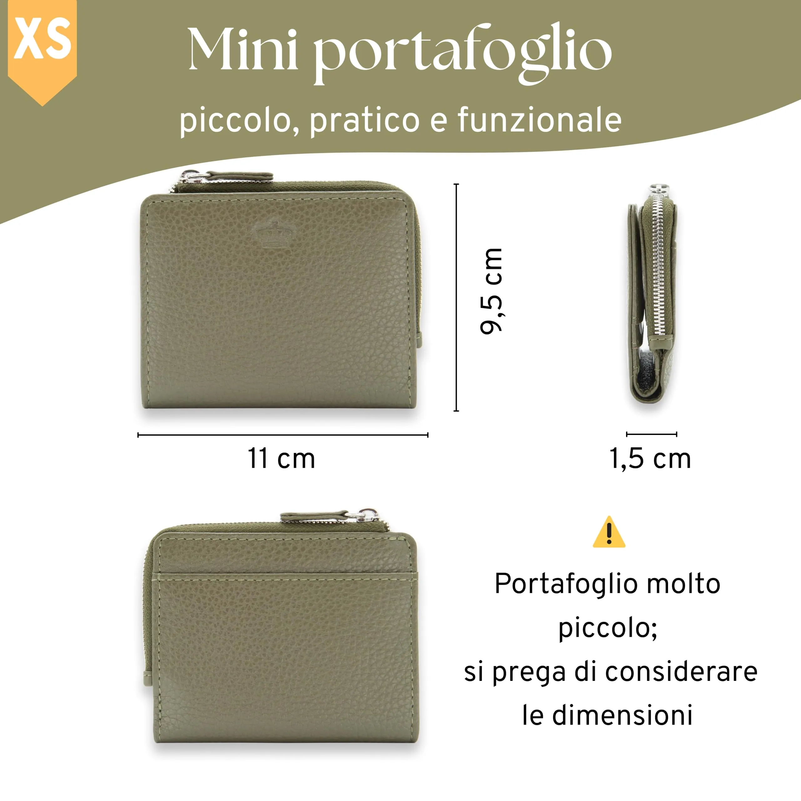 Baur portafoglio da donna piccolo – vera pelle con protezione RFID – portafoglio con 7 scomparti carte – chiusura bottone a pressione e tasca portamonete con cerniera (Cerniera argento, Verde oliva) - immagine 5