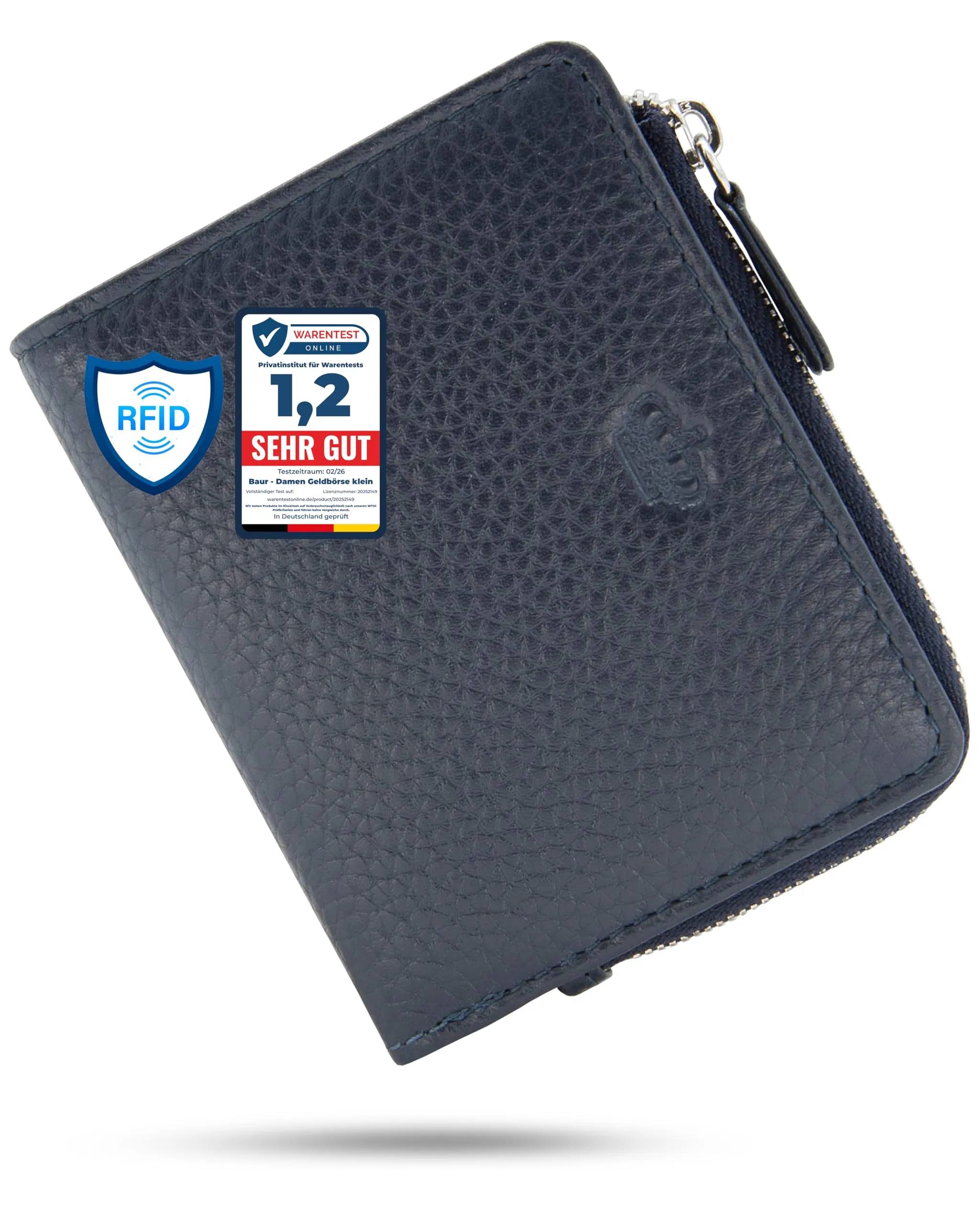 Baur portafoglio da donna piccolo – vera pelle con protezione RFID – portafoglio con 7 scomparti carte – chiusura bottone a pressione e tasca portamonete con cerniera (Cerniera argento, Blu scuro) - immagine 1