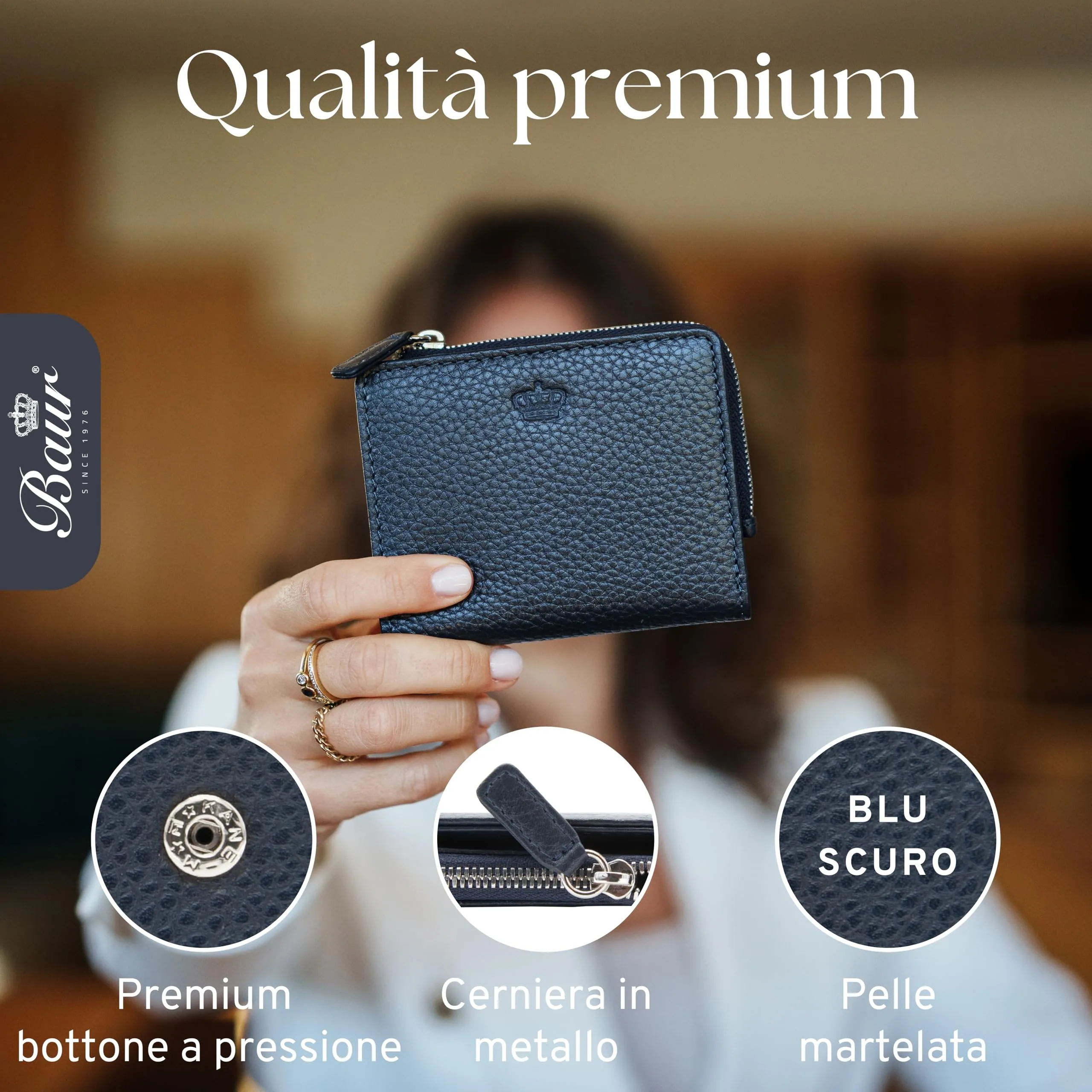 Baur portafoglio da donna piccolo – vera pelle con protezione RFID – portafoglio con 7 scomparti carte – chiusura bottone a pressione e tasca portamonete con cerniera (Cerniera argento, Blu scuro) - immagine 4