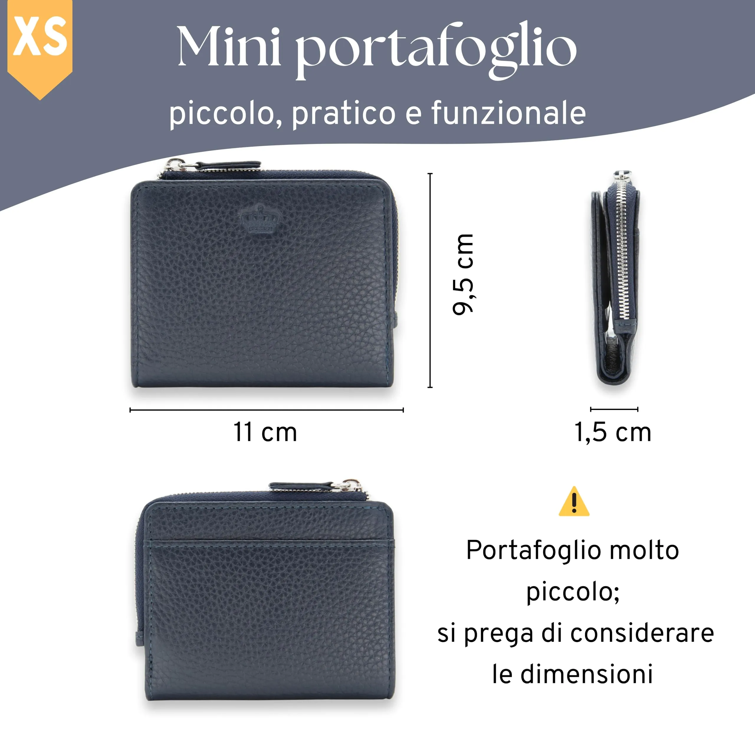 Baur portafoglio da donna piccolo – vera pelle con protezione RFID – portafoglio con 7 scomparti carte – chiusura bottone a pressione e tasca portamonete con cerniera (Cerniera argento, Blu scuro) - immagine 5