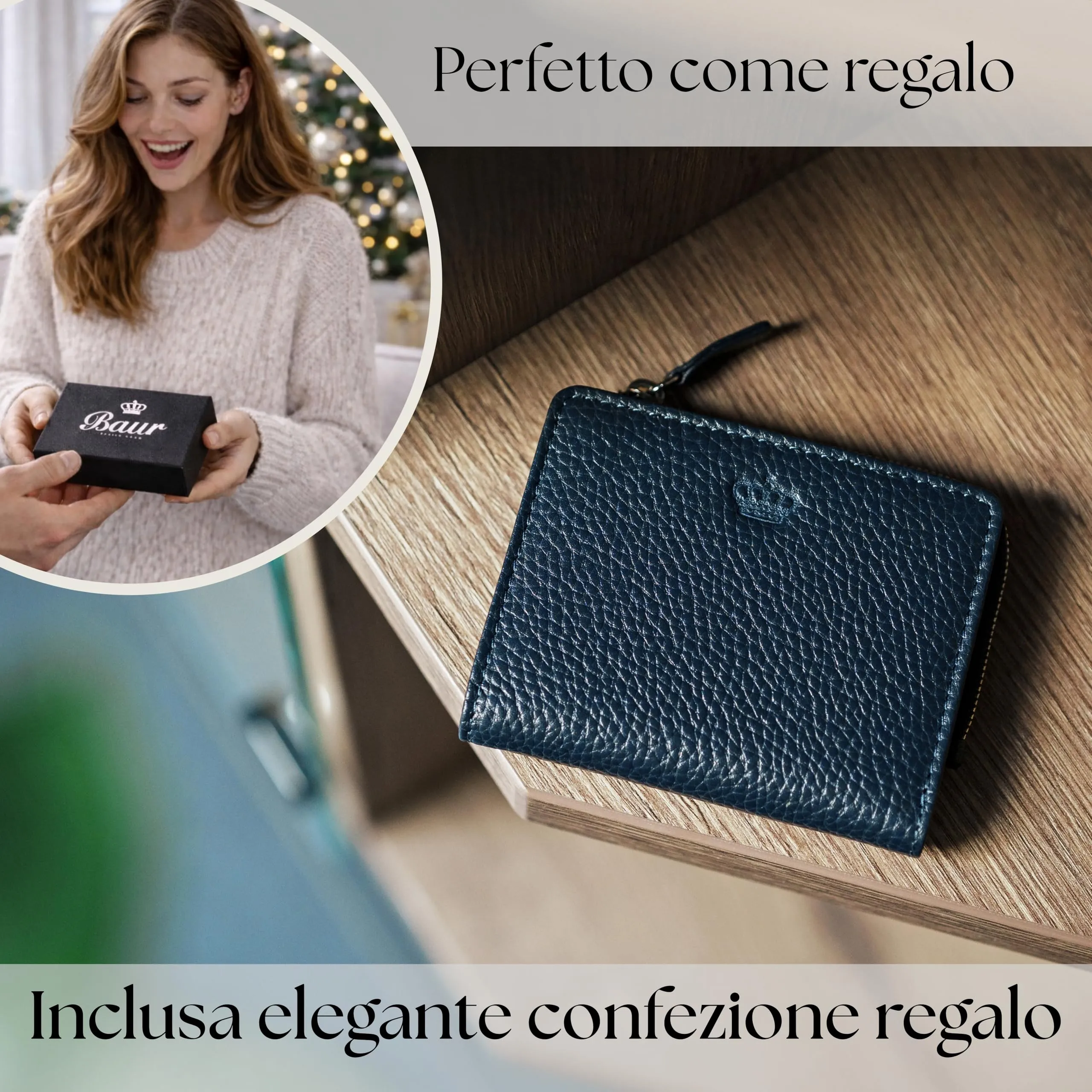 Baur portafoglio da donna piccolo – vera pelle con protezione RFID – portafoglio con 7 scomparti carte – chiusura bottone a pressione e tasca portamonete con cerniera (Cerniera argento, Blu scuro) - immagine 6
