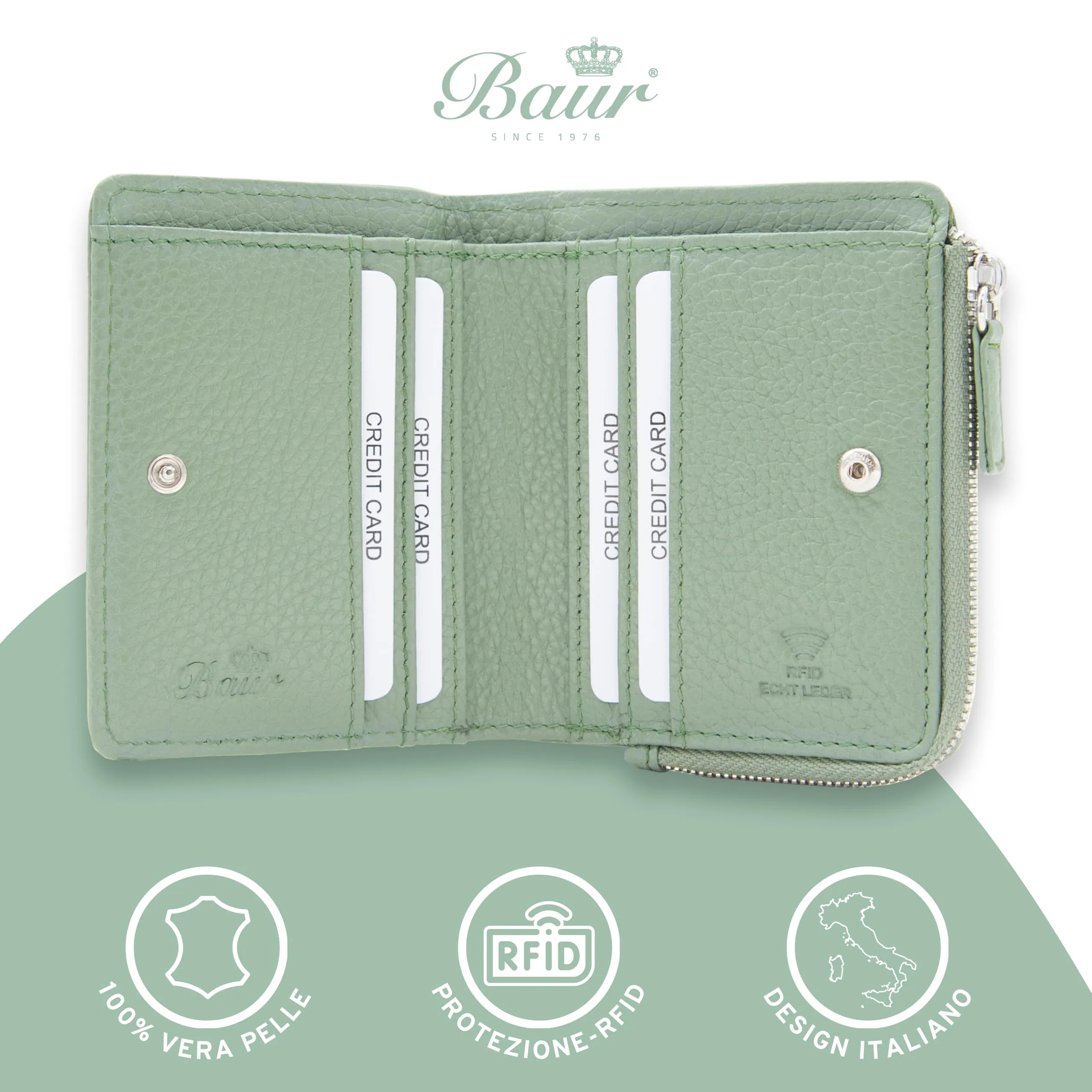 Baur portafoglio da donna piccolo – vera pelle con protezione RFID – portafoglio con 7 scomparti carte – chiusura bottone a pressione e tasca portamonete con cerniera (Cerniera argento, Verde salvia) - immagine 2