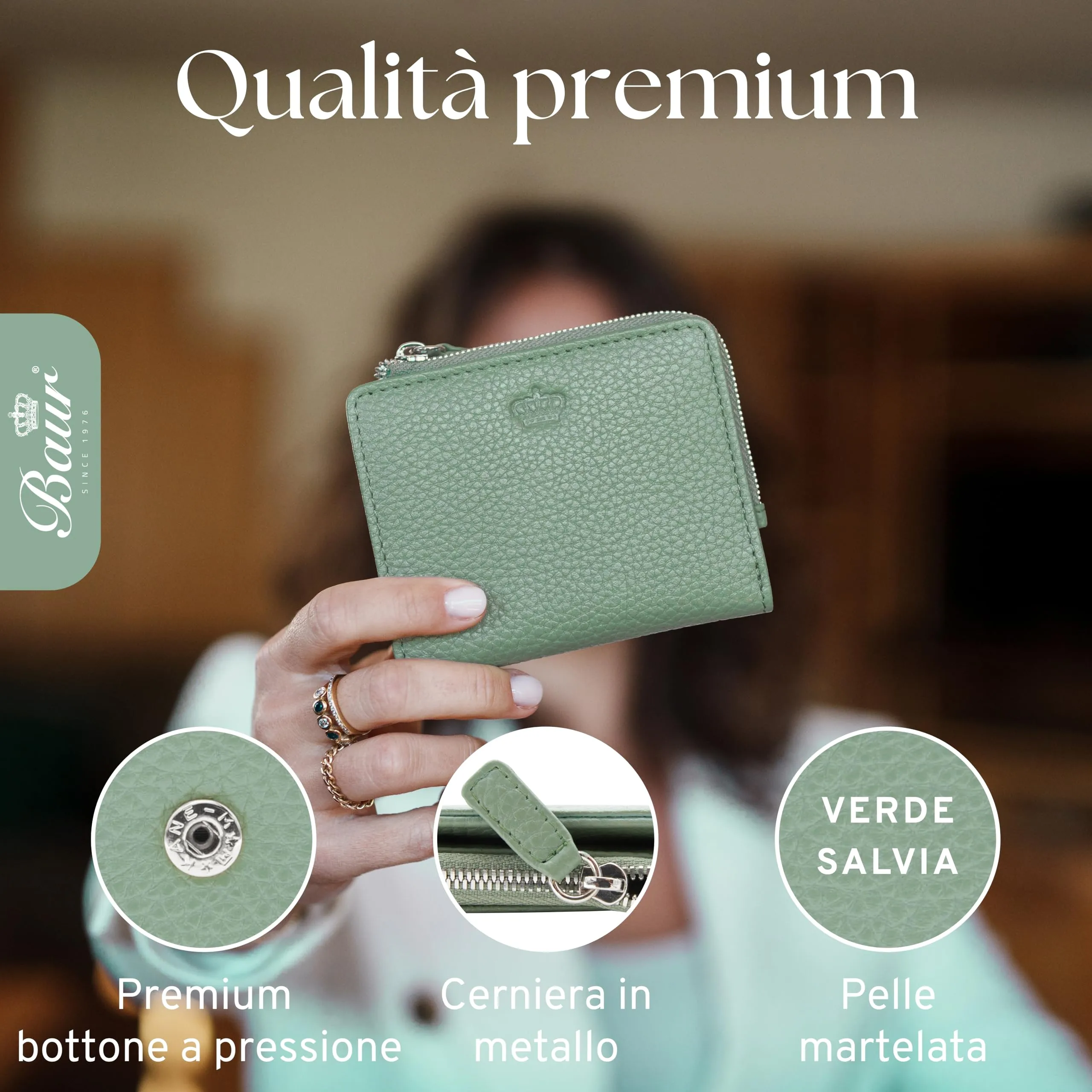 Baur portafoglio da donna piccolo – vera pelle con protezione RFID – portafoglio con 7 scomparti carte – chiusura bottone a pressione e tasca portamonete con cerniera (Cerniera argento, Verde salvia) - immagine 4