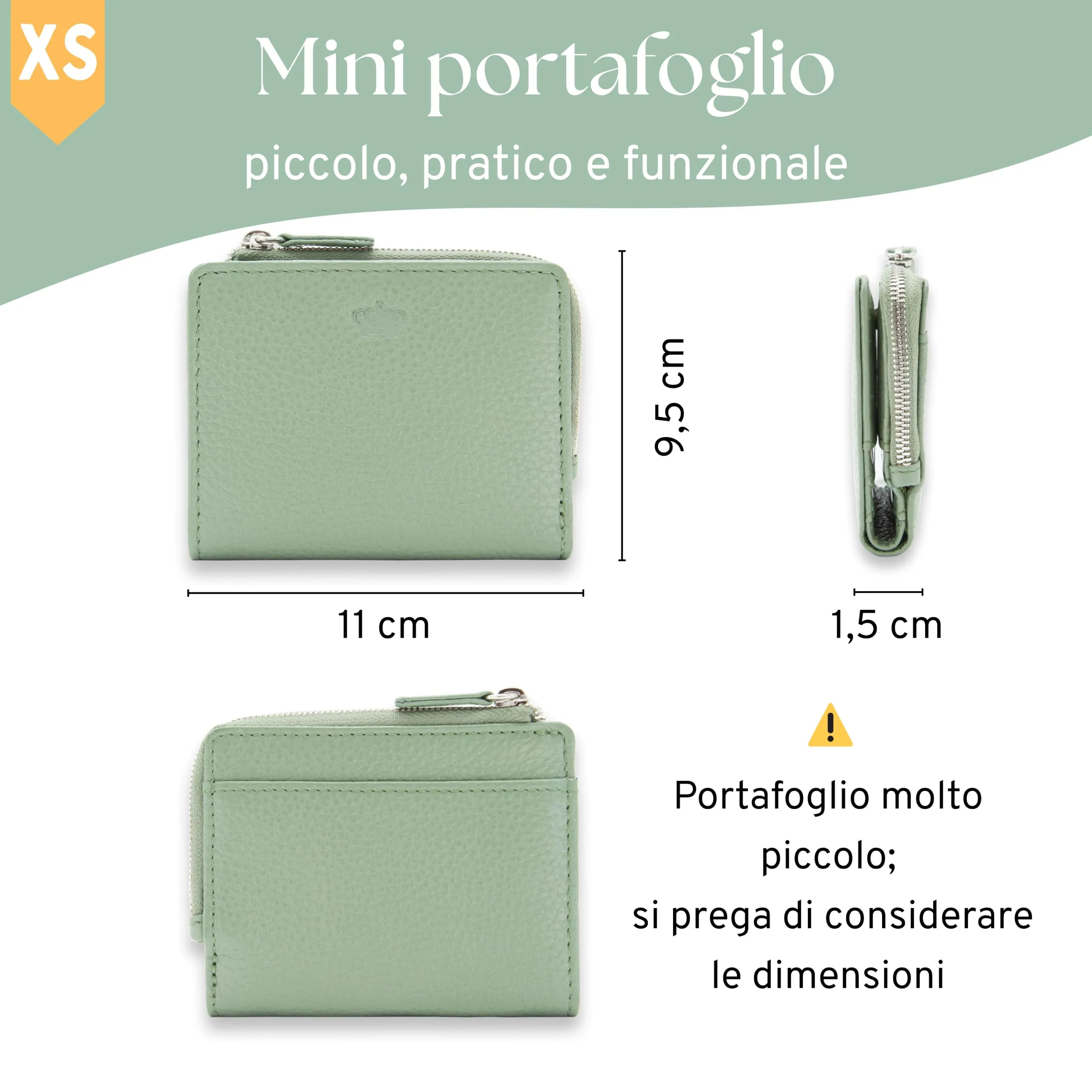 Baur portafoglio da donna piccolo – vera pelle con protezione RFID – portafoglio con 7 scomparti carte – chiusura bottone a pressione e tasca portamonete con cerniera (Cerniera argento, Verde salvia) - immagine 5