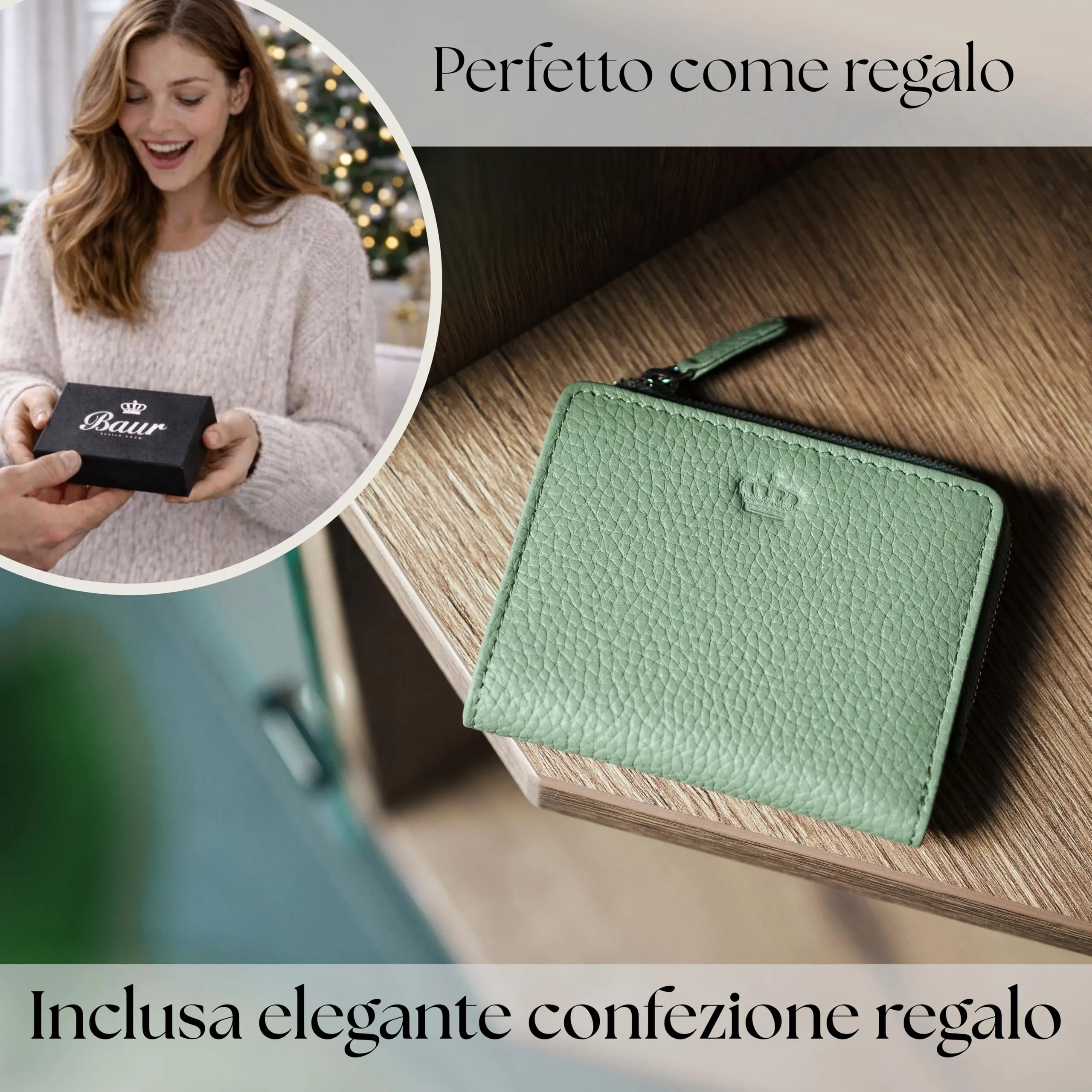 Baur portafoglio da donna piccolo – vera pelle con protezione RFID – portafoglio con 7 scomparti carte – chiusura bottone a pressione e tasca portamonete con cerniera (Cerniera argento, Verde salvia) - immagine 6