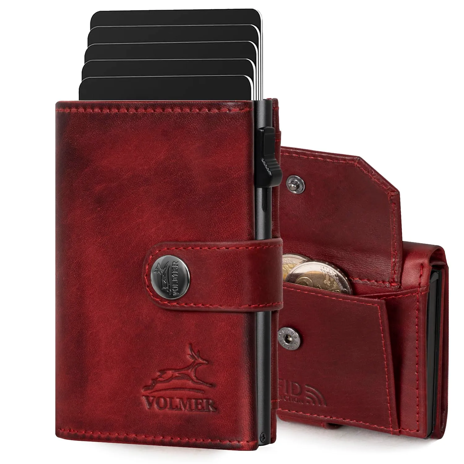 Fa.Volmer POP-UP portafoglio con porta carte e scomparto per monete in vera pelle per uomo e donna | 12 carte | Protezione RFID | portafoglio VO45, Rosso bordeaux, Großes Münzfach - immagine 1