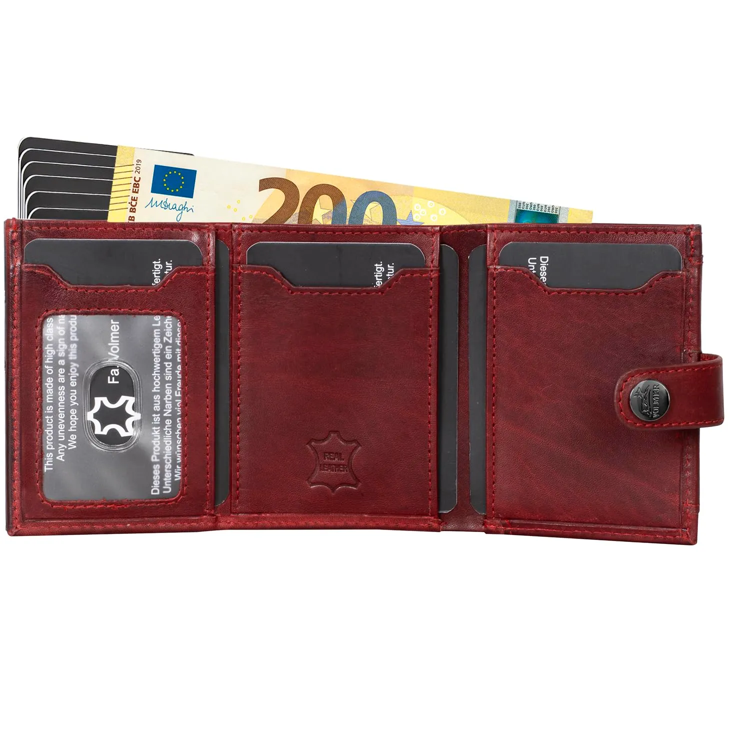 Fa.Volmer POP-UP portafoglio con porta carte e scomparto per monete in vera pelle per uomo e donna | 12 carte | Protezione RFID | portafoglio VO45, Rosso bordeaux, Großes Münzfach - immagine 2