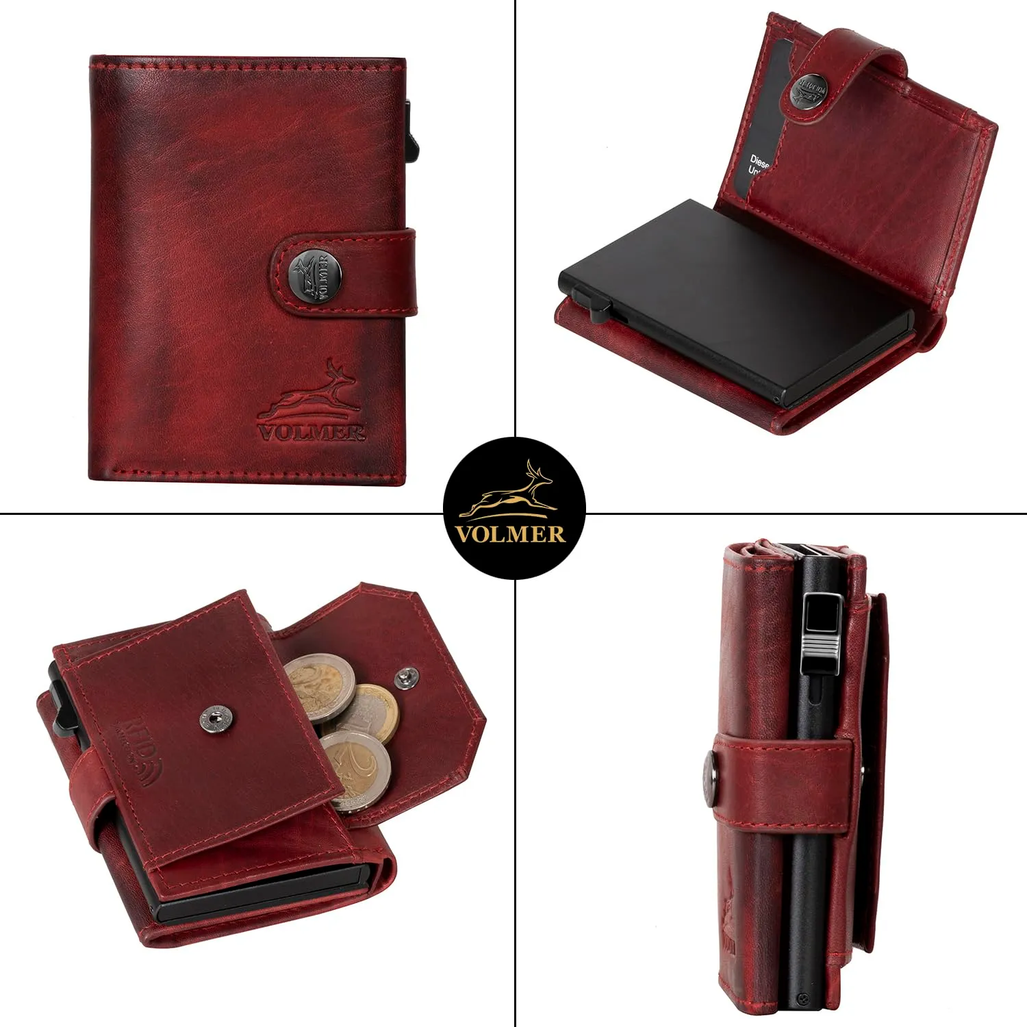 Fa.Volmer POP-UP portafoglio con porta carte e scomparto per monete in vera pelle per uomo e donna | 12 carte | Protezione RFID | portafoglio VO45, Rosso bordeaux, Großes Münzfach - immagine 3