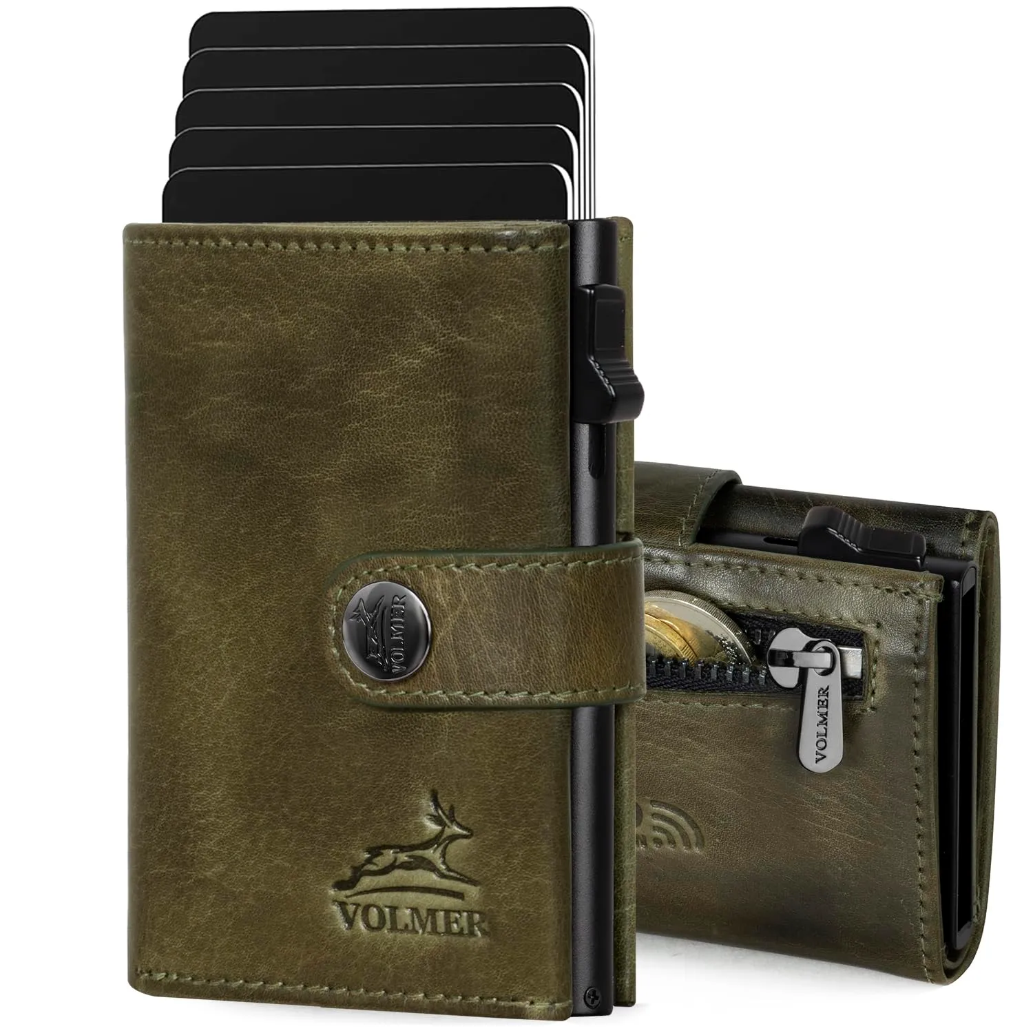 Fa.Volmer - Custodia per carte POP-UP con scomparto per monete in vera pelle per uomo e donna, 12 carte, protezione RFID, portafoglio VO45, Verde Scuro, Kleines Münzfach - immagine 1
