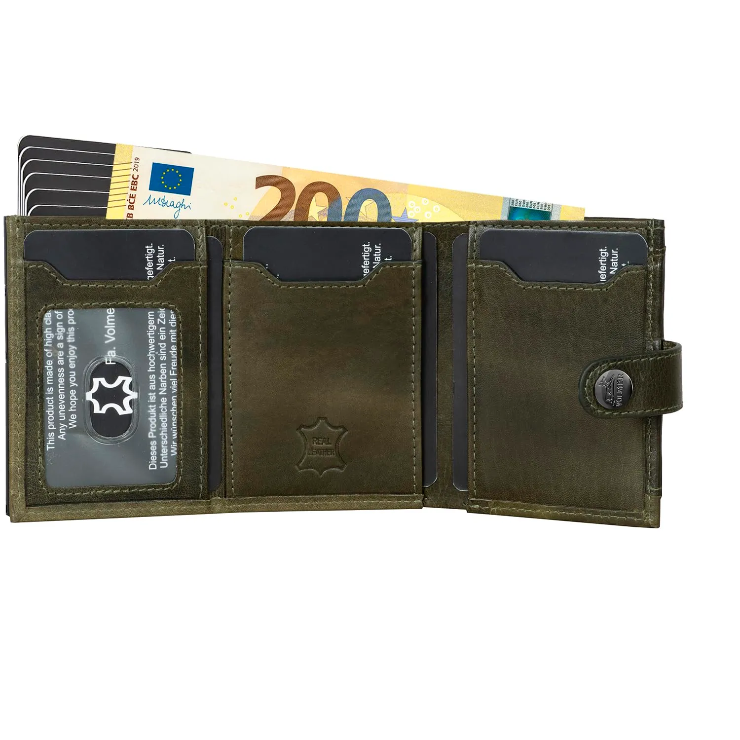 Fa.Volmer - Custodia per carte POP-UP con scomparto per monete in vera pelle per uomo e donna, 12 carte, protezione RFID, portafoglio VO45, Verde Scuro, Kleines Münzfach - immagine 2