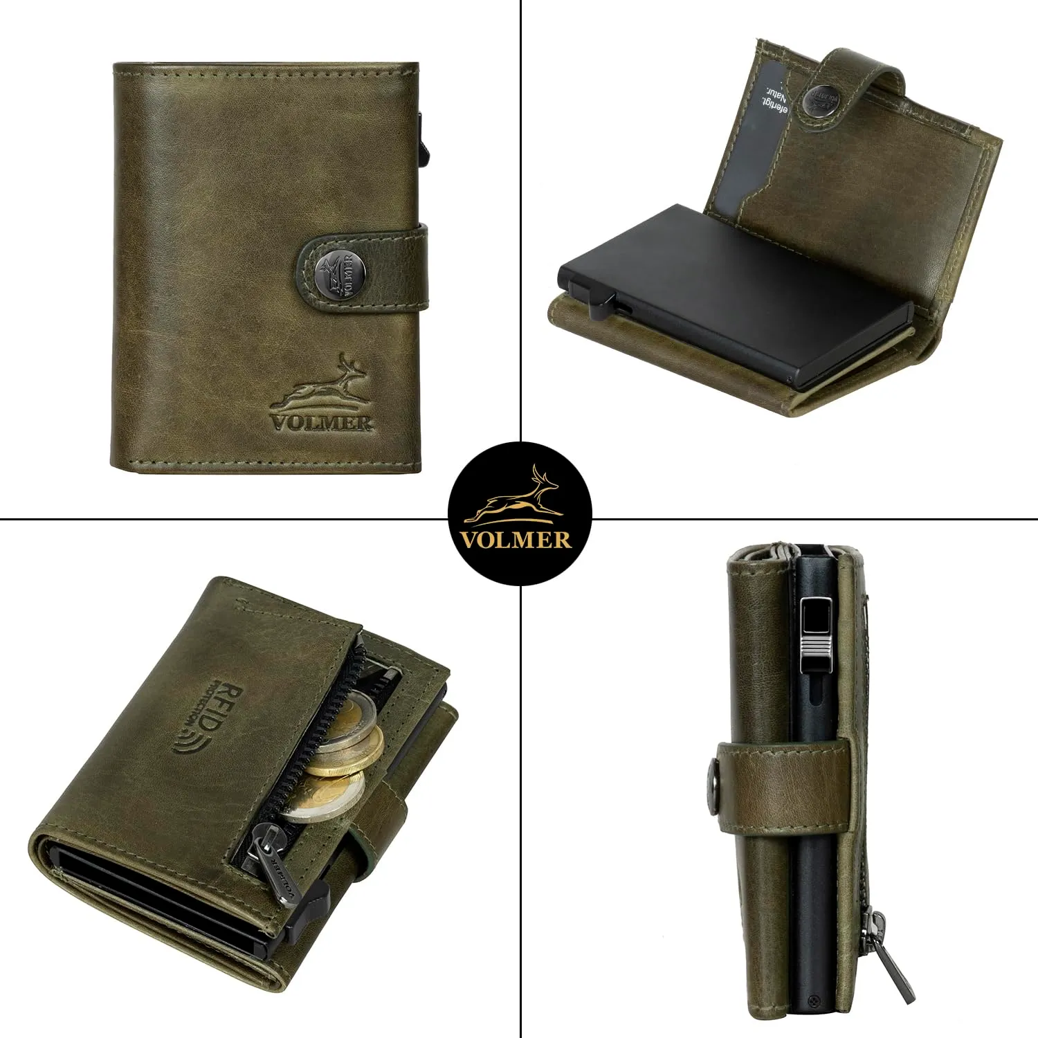 Fa.Volmer - Custodia per carte POP-UP con scomparto per monete in vera pelle per uomo e donna, 12 carte, protezione RFID, portafoglio VO45, Verde Scuro, Kleines Münzfach - immagine 3