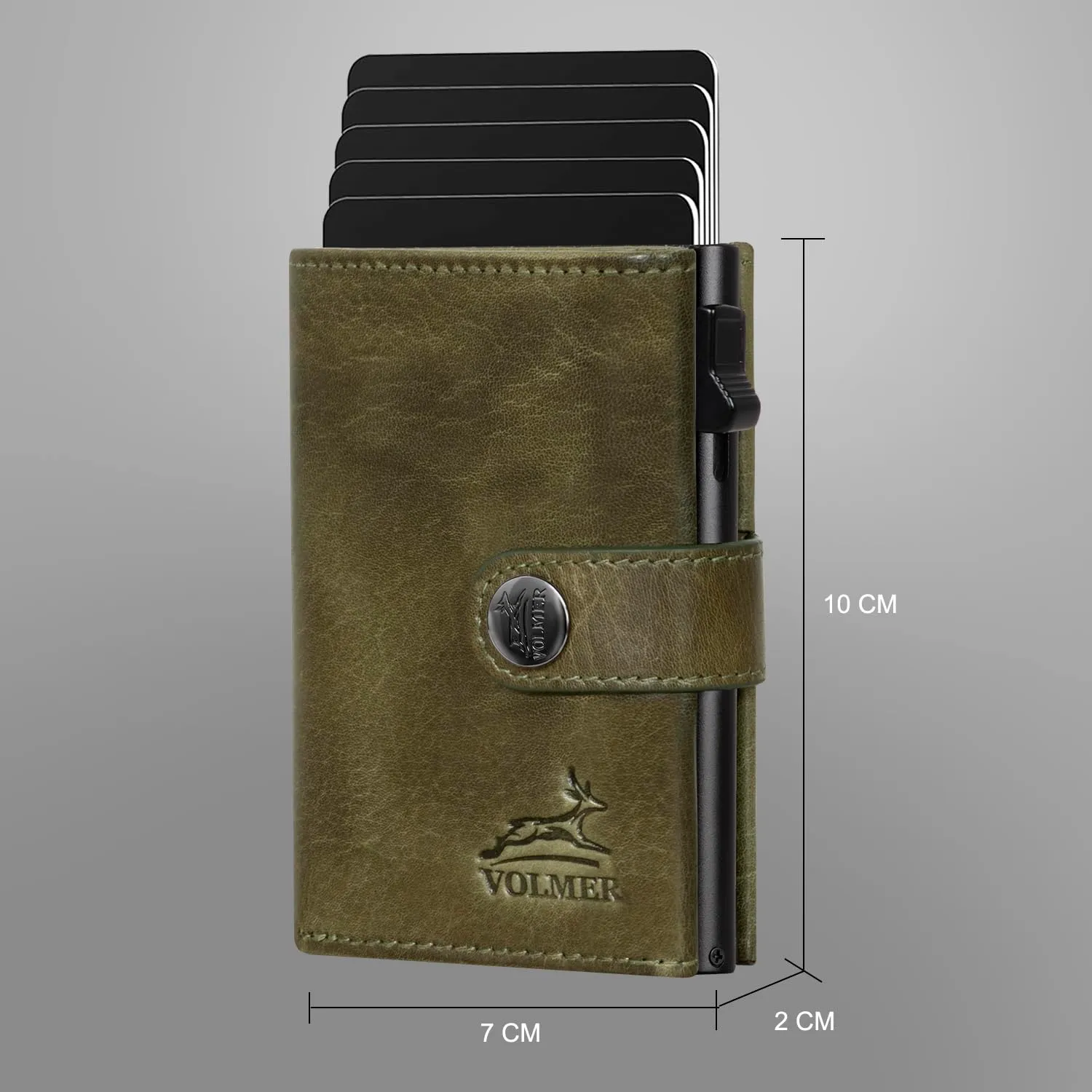Fa.Volmer - Custodia per carte POP-UP con scomparto per monete in vera pelle per uomo e donna, 12 carte, protezione RFID, portafoglio VO45, Verde Scuro, Kleines Münzfach - immagine 6