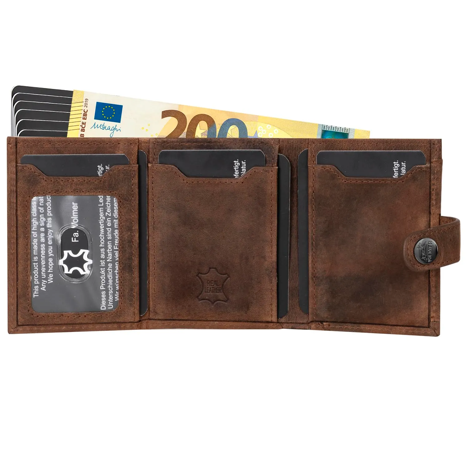 Fa.Volmer POP-UP Porta carte con portamonete in vera pelle per uomo e donna | 12 carte | protezione RFID | Portafoglio VO45, Brown Hunter, Großes Münzfach, Portamonete grande - immagine 2