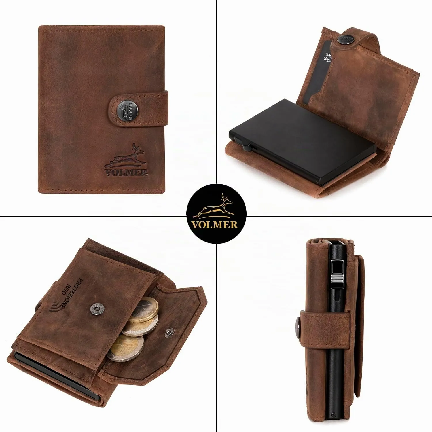 Fa.Volmer POP-UP Porta carte con portamonete in vera pelle per uomo e donna | 12 carte | protezione RFID | Portafoglio VO45, Brown Hunter, Großes Münzfach, Portamonete grande - immagine 3