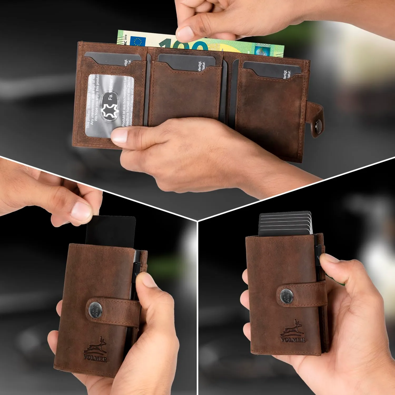 Fa.Volmer POP-UP Porta carte con portamonete in vera pelle per uomo e donna | 12 carte | protezione RFID | Portafoglio VO45, Brown Hunter, Großes Münzfach, Portamonete grande - immagine 4