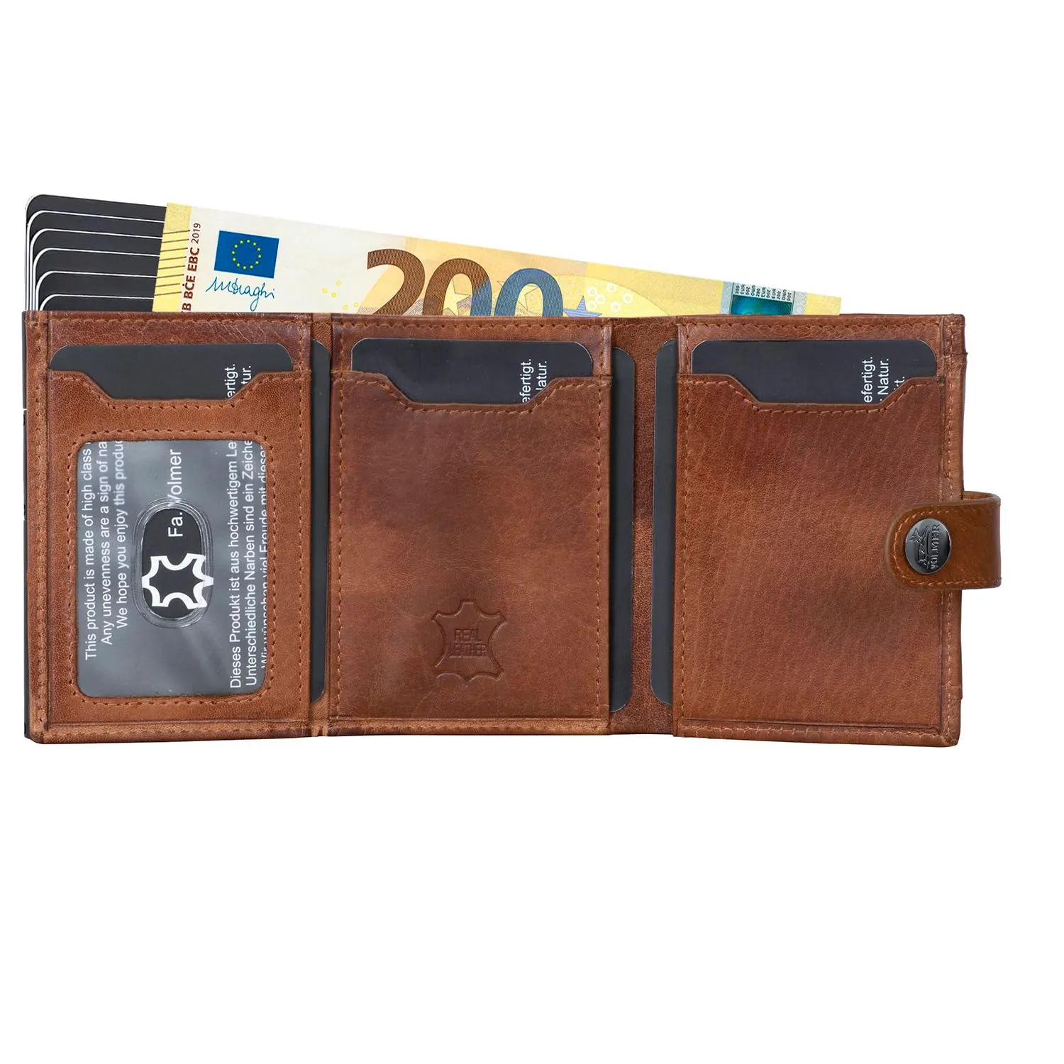 Fa.Volmer POP-UP Porta carte con portamonete in vera pelle per uomo e donna | 12 carte | protezione RFID | Portafoglio VO45, marrone antico, Kleines Münzfach, Portamonete grande - immagine 2