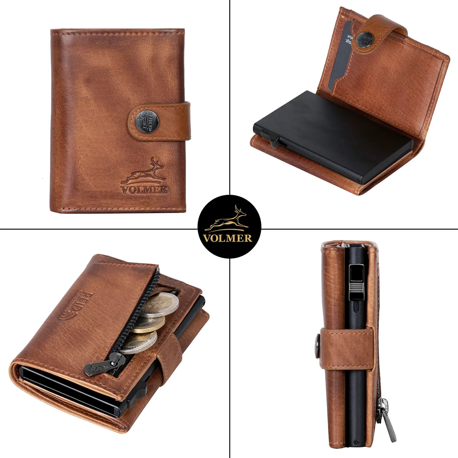 Fa.Volmer POP-UP Porta carte con portamonete in vera pelle per uomo e donna | 12 carte | protezione RFID | Portafoglio VO45, marrone antico, Kleines Münzfach, Portamonete grande - immagine 3