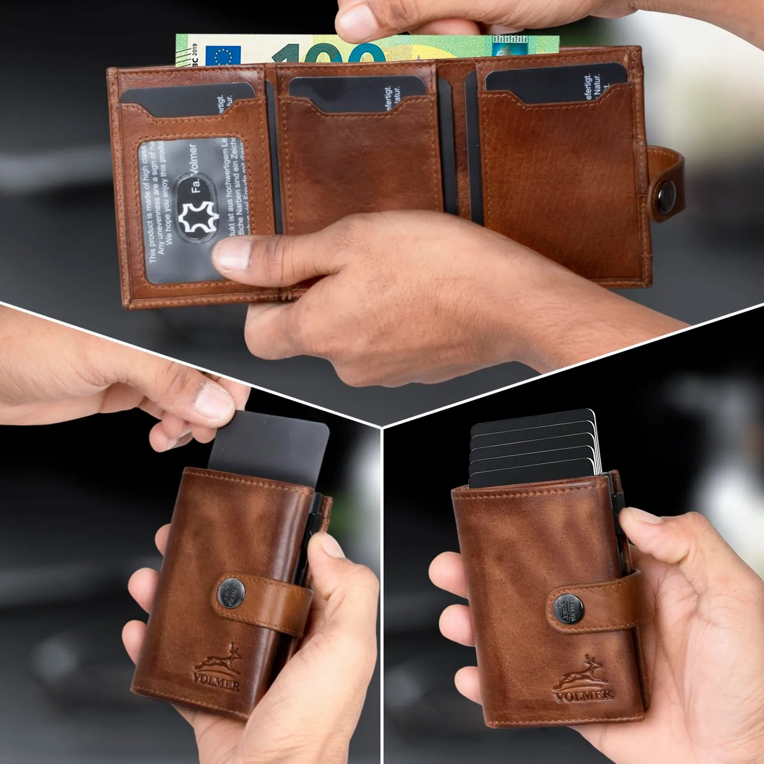 Fa.Volmer POP-UP Porta carte con portamonete in vera pelle per uomo e donna | 12 carte | protezione RFID | Portafoglio VO45, marrone antico, Kleines Münzfach, Portamonete grande - immagine 4