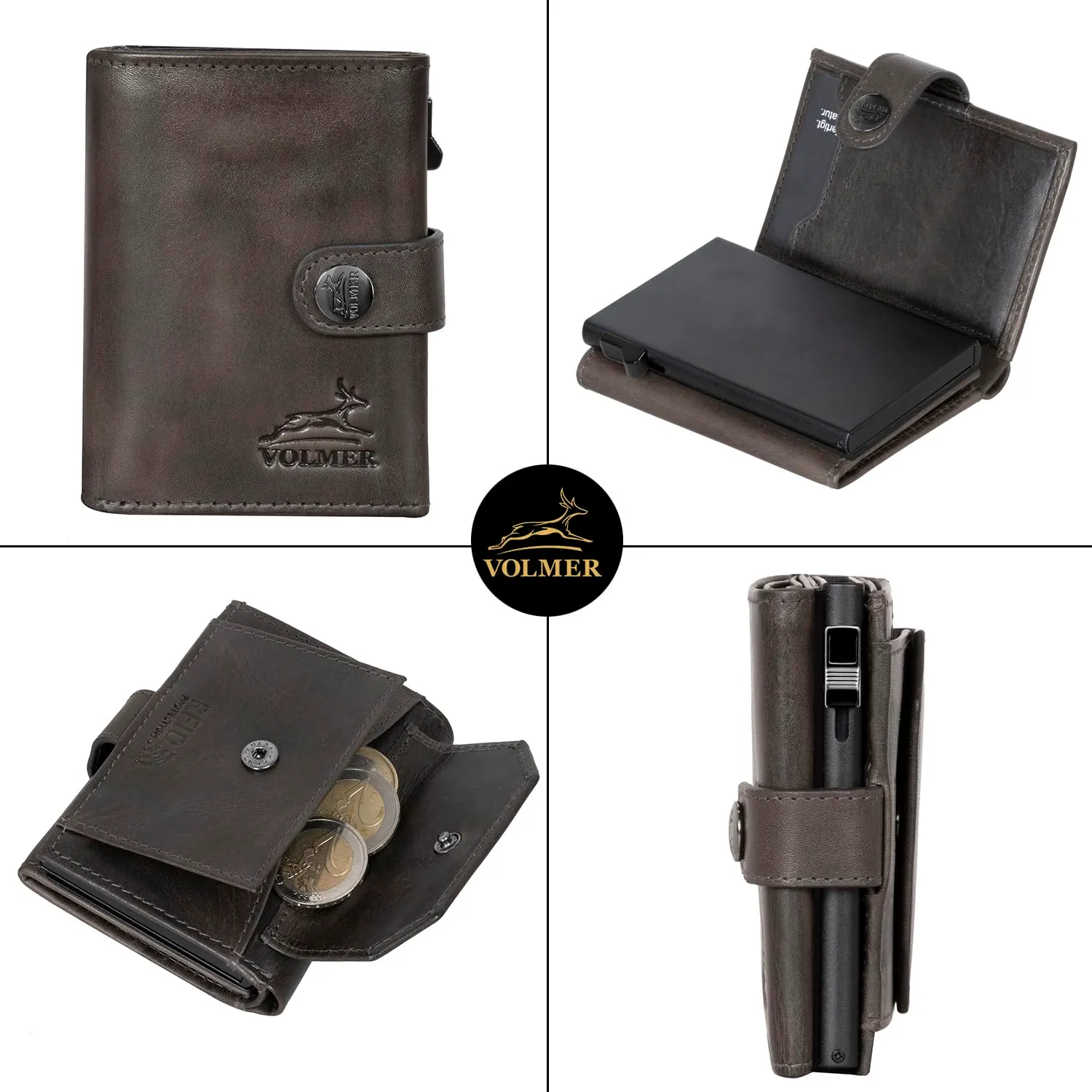 FA.Volmer Porta carte pop-up con scomparto portamonete in vera pelle per uomini e donne, 12 carte, protezione RFID, portafoglio VO45, grigio basalto, grande scomparto portamonete - immagine 3