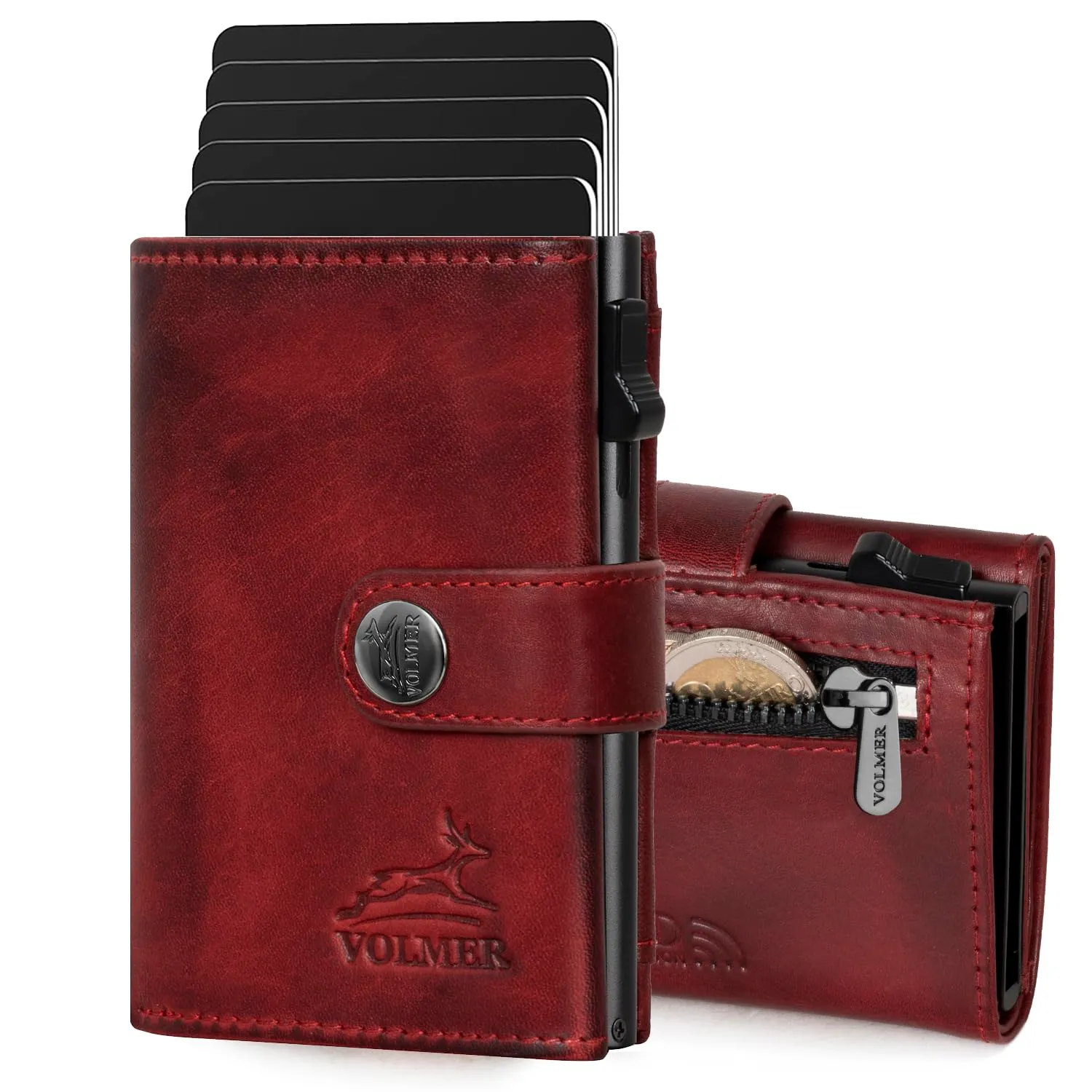 Fa.Volmer ® POP-UP VO45P - Portafoglio con scomparto portamonete in vera pelle, per uomo e donna, 12 carte, protezione RFID, colore marrone antico, Bordeaux, Piccolo scomparto portamonete, Scomparto - immagine 1