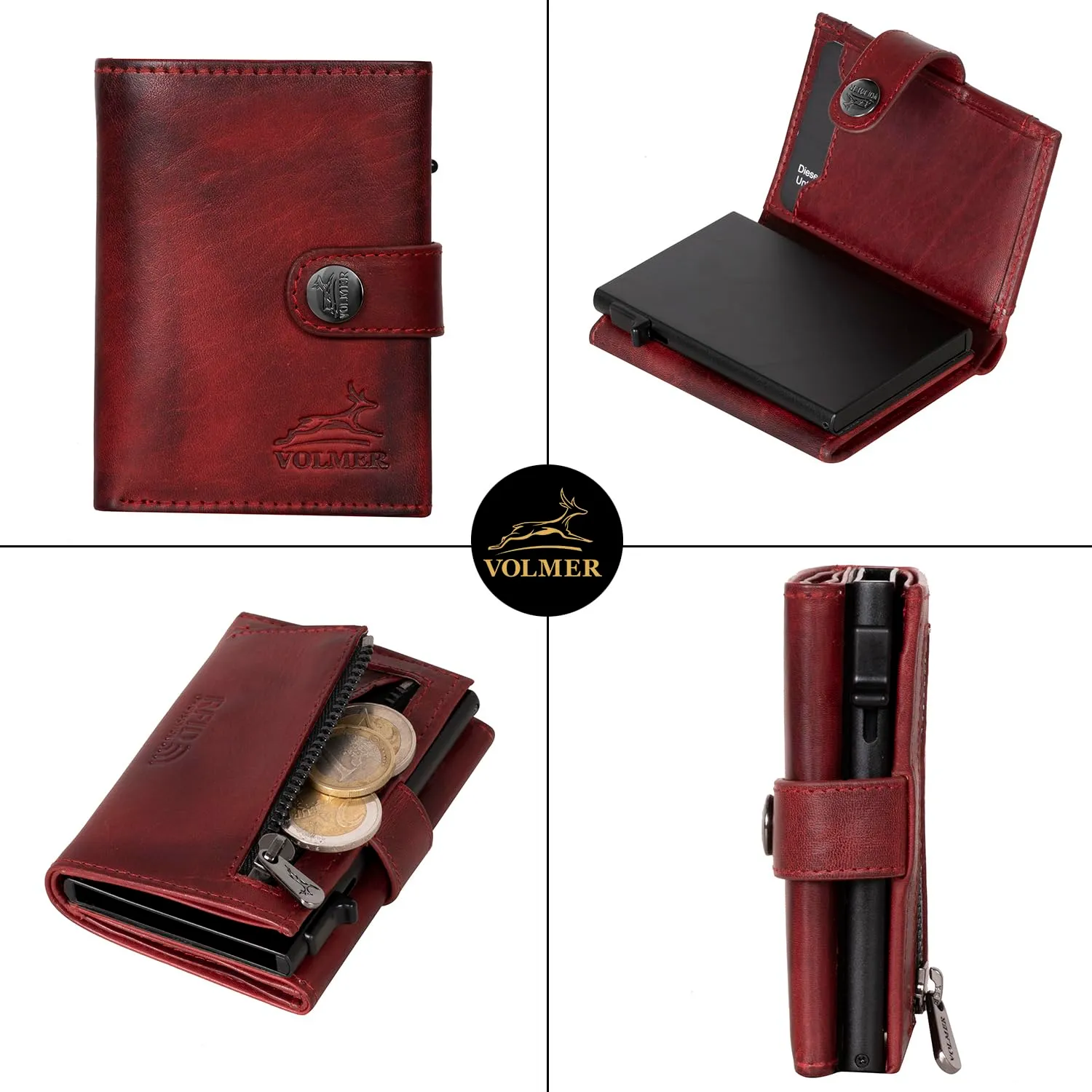 Fa.Volmer ® POP-UP VO45P - Portafoglio con scomparto portamonete in vera pelle, per uomo e donna, 12 carte, protezione RFID, colore marrone antico, Bordeaux, Piccolo scomparto portamonete, Scomparto - immagine 3