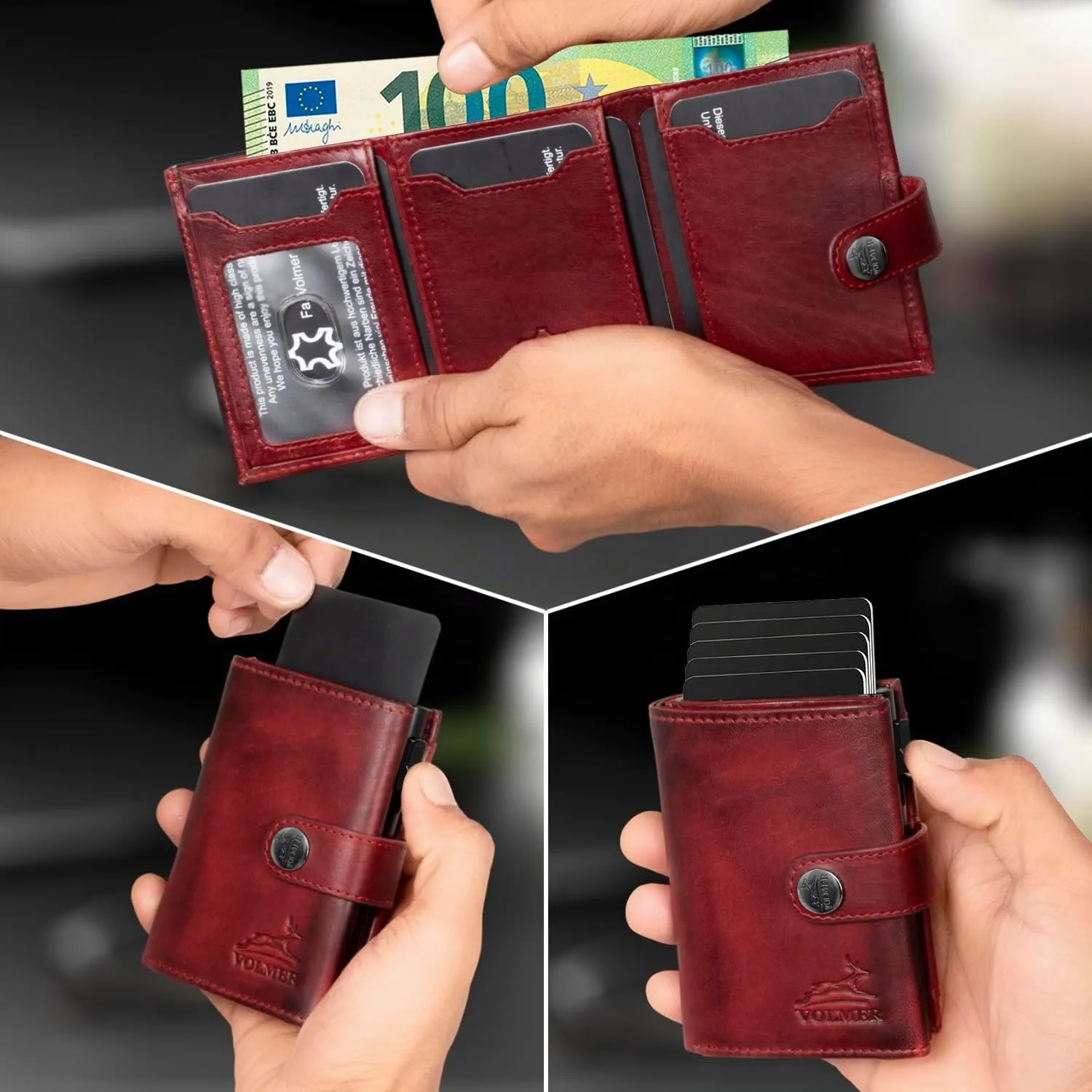 Fa.Volmer ® POP-UP VO45P - Portafoglio con scomparto portamonete in vera pelle, per uomo e donna, 12 carte, protezione RFID, colore marrone antico, Bordeaux, Piccolo scomparto portamonete, Scomparto - immagine 4