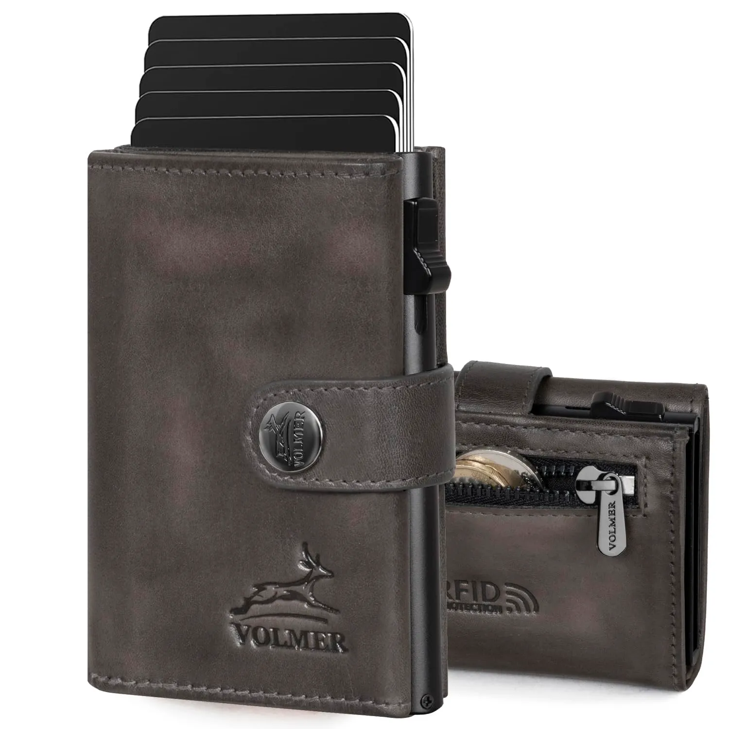 FA.Volmer Kleines Münzfach, porta carte pop-up con scomparto portamonete in vera pelle, per uomo e donna, 12 carte, protezione RFID, VO45, grigio basalto, Kleines Münzfach, grande scomparto per monete - immagine 1