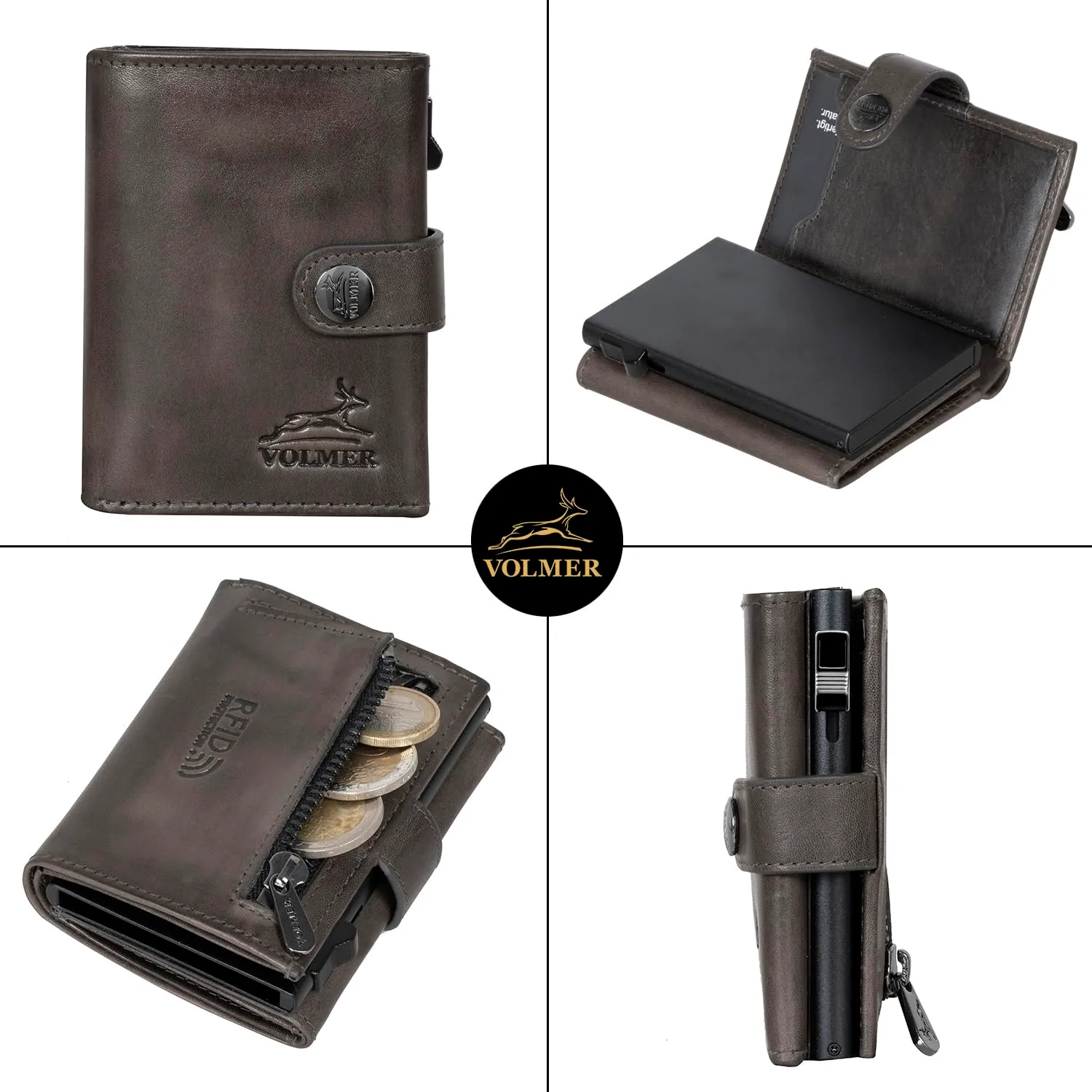 FA.Volmer Kleines Münzfach, porta carte pop-up con scomparto portamonete in vera pelle, per uomo e donna, 12 carte, protezione RFID, VO45, grigio basalto, Kleines Münzfach, grande scomparto per monete - immagine 3
