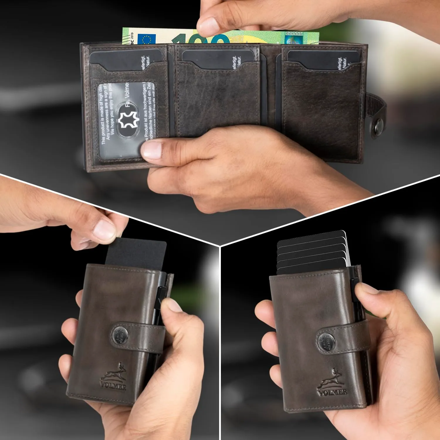 FA.Volmer Kleines Münzfach, porta carte pop-up con scomparto portamonete in vera pelle, per uomo e donna, 12 carte, protezione RFID, VO45, grigio basalto, Kleines Münzfach, grande scomparto per monete - immagine 4
