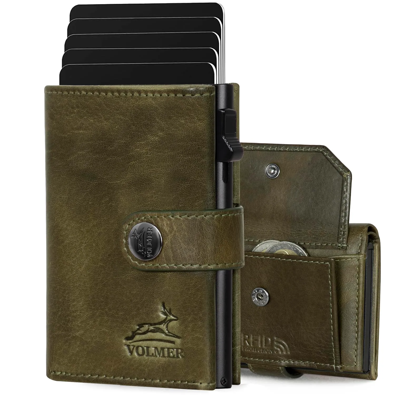 FA.Volmer - Custodia per carte POP-UP con scomparto portamonete in vera pelle per uomo e donna, 12 carte, protezione RFID, portafoglio VO45, verde cacciatore, Großes Münzfach - immagine 1
