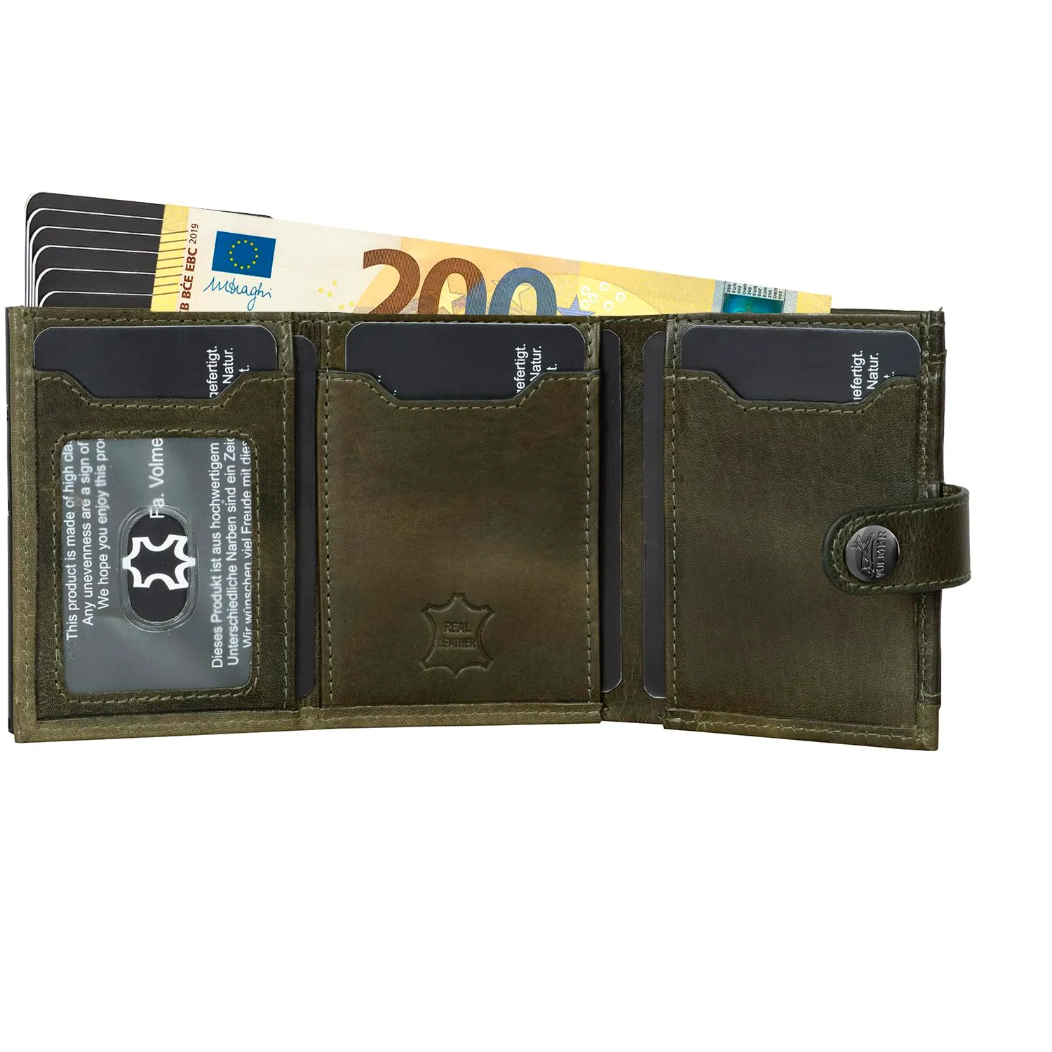 FA.Volmer - Custodia per carte POP-UP con scomparto portamonete in vera pelle per uomo e donna, 12 carte, protezione RFID, portafoglio VO45, verde cacciatore, Großes Münzfach - immagine 2