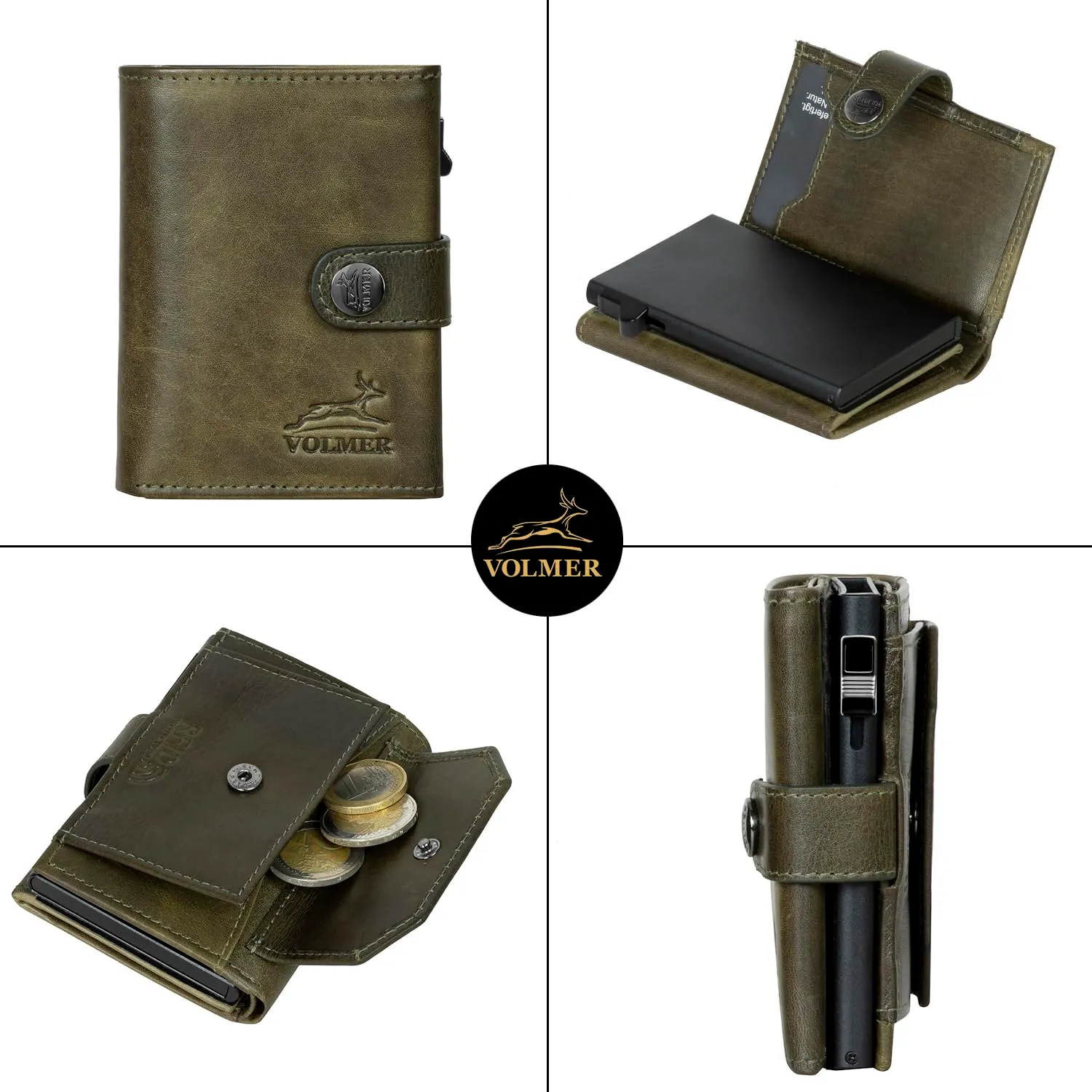 FA.Volmer - Custodia per carte POP-UP con scomparto portamonete in vera pelle per uomo e donna, 12 carte, protezione RFID, portafoglio VO45, verde cacciatore, Großes Münzfach - immagine 3