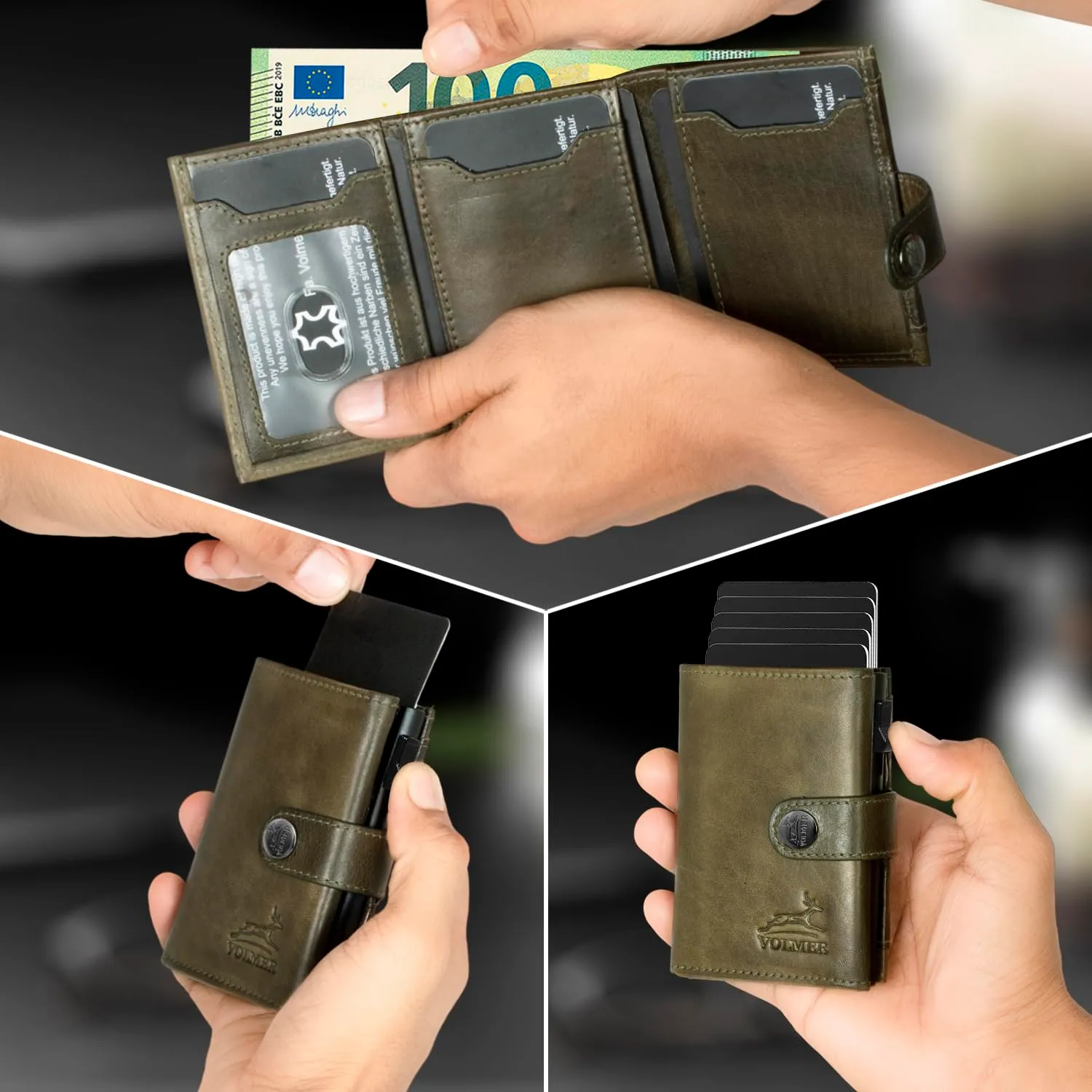 FA.Volmer - Custodia per carte POP-UP con scomparto portamonete in vera pelle per uomo e donna, 12 carte, protezione RFID, portafoglio VO45, verde cacciatore, Großes Münzfach - immagine 4