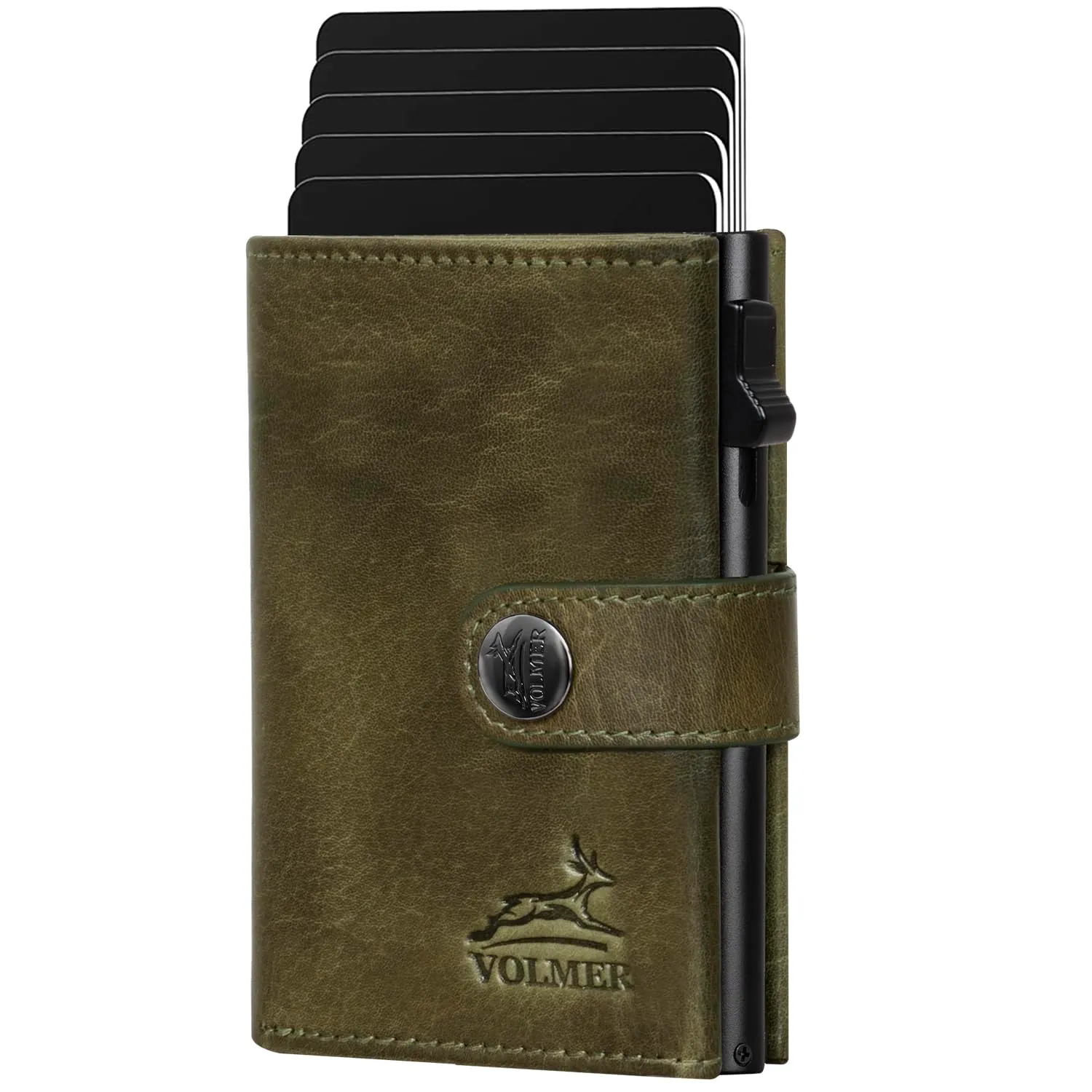 FA.Volmer - Custodia per carte POP-UP con scomparto portamonete in vera pelle per uomo e donna, 12 carte, protezione RFID, portafoglio VO45, verde cacciatore, Großes Münzfach - immagine 7