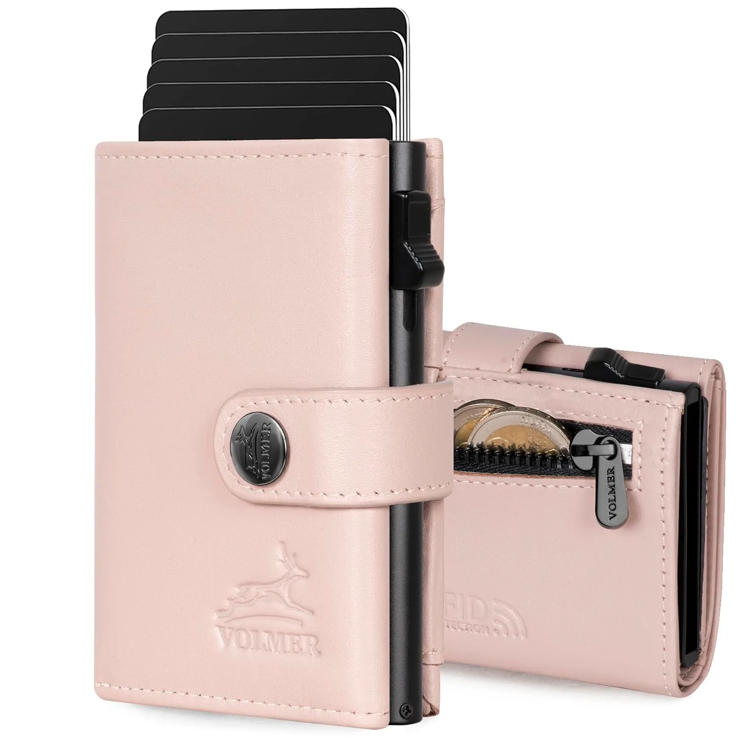 FA.Volmer Kleines Münzfach, porta carte pop-up con scomparto portamonete in vera pelle per uomo e donna, 12 carte, protezione RFID, portafoglio VO45, rosa cipria, Kleines Münzfach - immagine 1