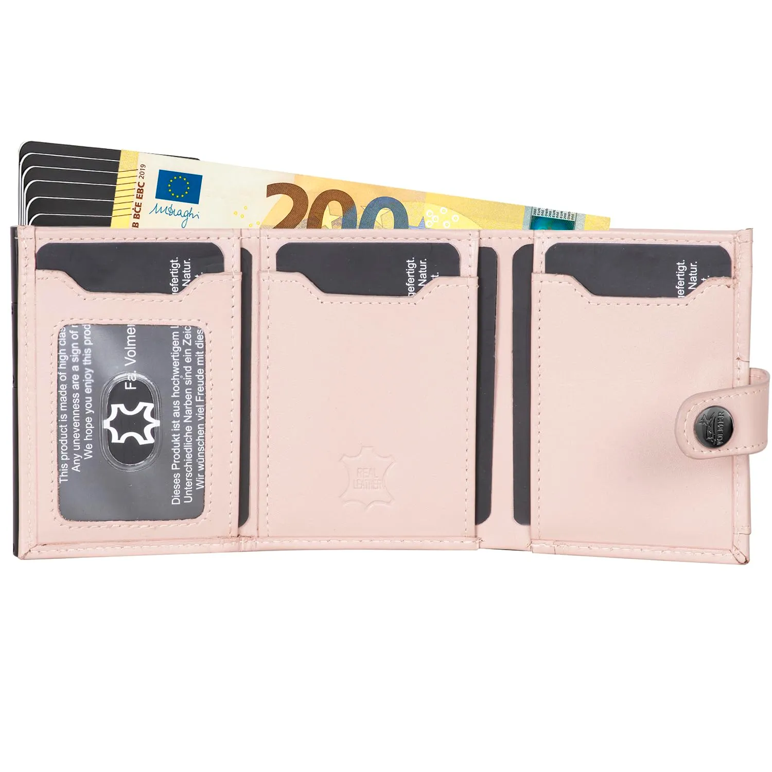 FA.Volmer Kleines Münzfach, porta carte pop-up con scomparto portamonete in vera pelle per uomo e donna, 12 carte, protezione RFID, portafoglio VO45, rosa cipria, Kleines Münzfach - immagine 2